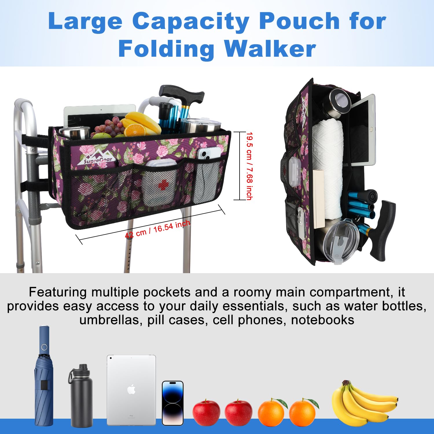 supregear Cesta plegable para andador con portavasos, gran capacidad, manos libres, no compatible con rollator, Floral Púrpura