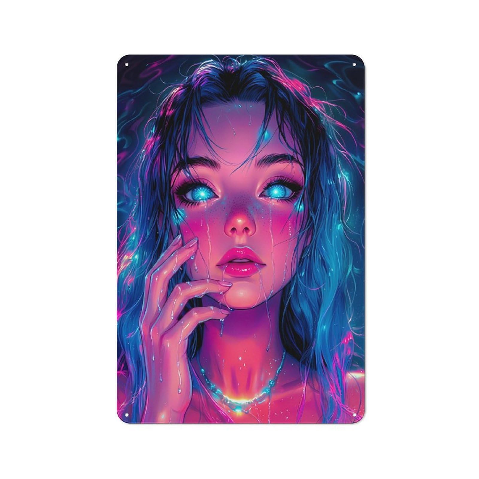 Neon Tears Digital Portrait of A Woman Industrial Metal Wall Decor 30x20cm, Tin Sign for Workshop, Basement, Shed Or Games Room