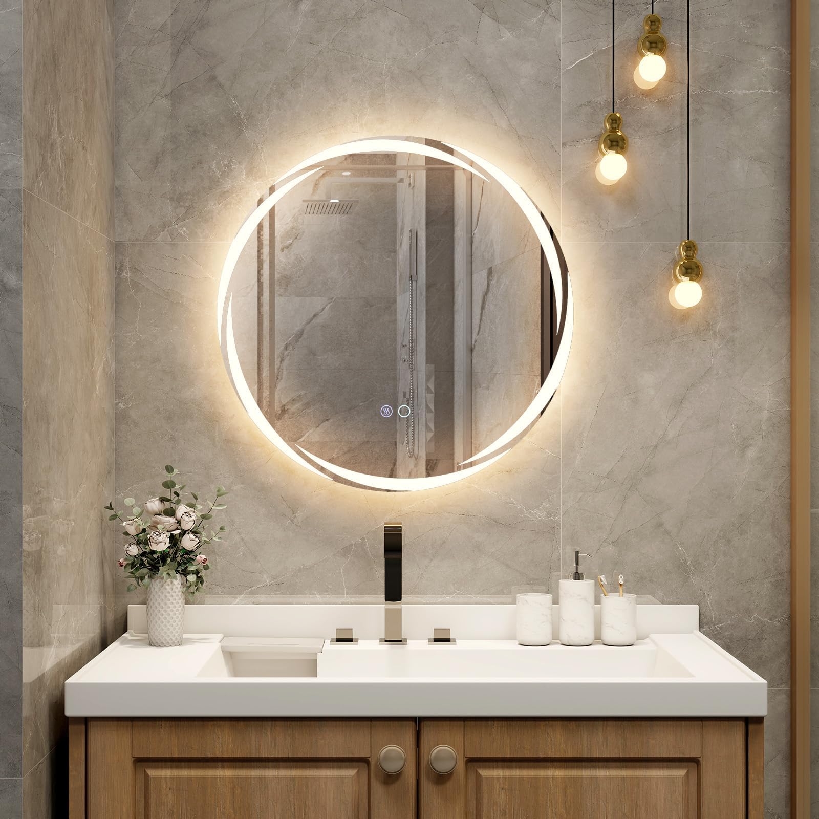 FANTASK Espejo de baño LED con iluminación, 60 cm, Redondo, antivaho, Espejo de Pared Regulable con Interruptor táctil y función de Memoria, Espejo Colgante LED para baño, Ovalado, 60 x 60 cm