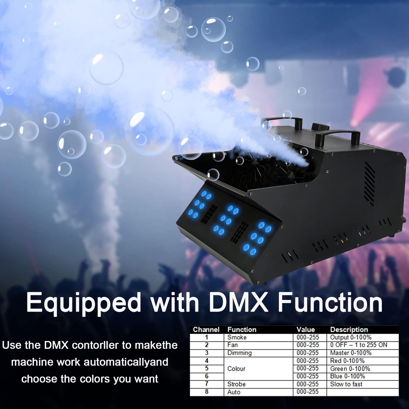 Maszyna do dymu przeciwmgielnego CO2 z 18 diodami LED RGB, DMX Stage Fogger Bubble Machine z 2 wentylatorami na ślub, Halloween, imprezę efekty sceniczne
