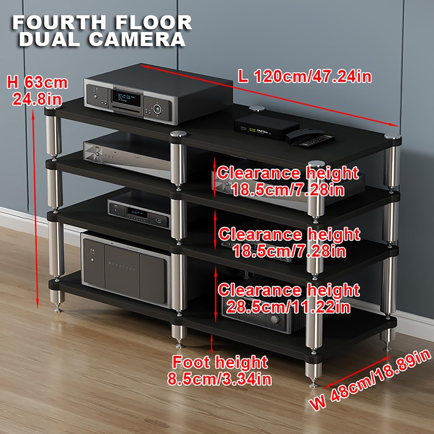 Scaffale portatile da gioco a torre perfetto per proiettori, lettori DVD, console di gioco e decoder via cavo, elegante supporto AV nero, 120 x 48 x 84 cm