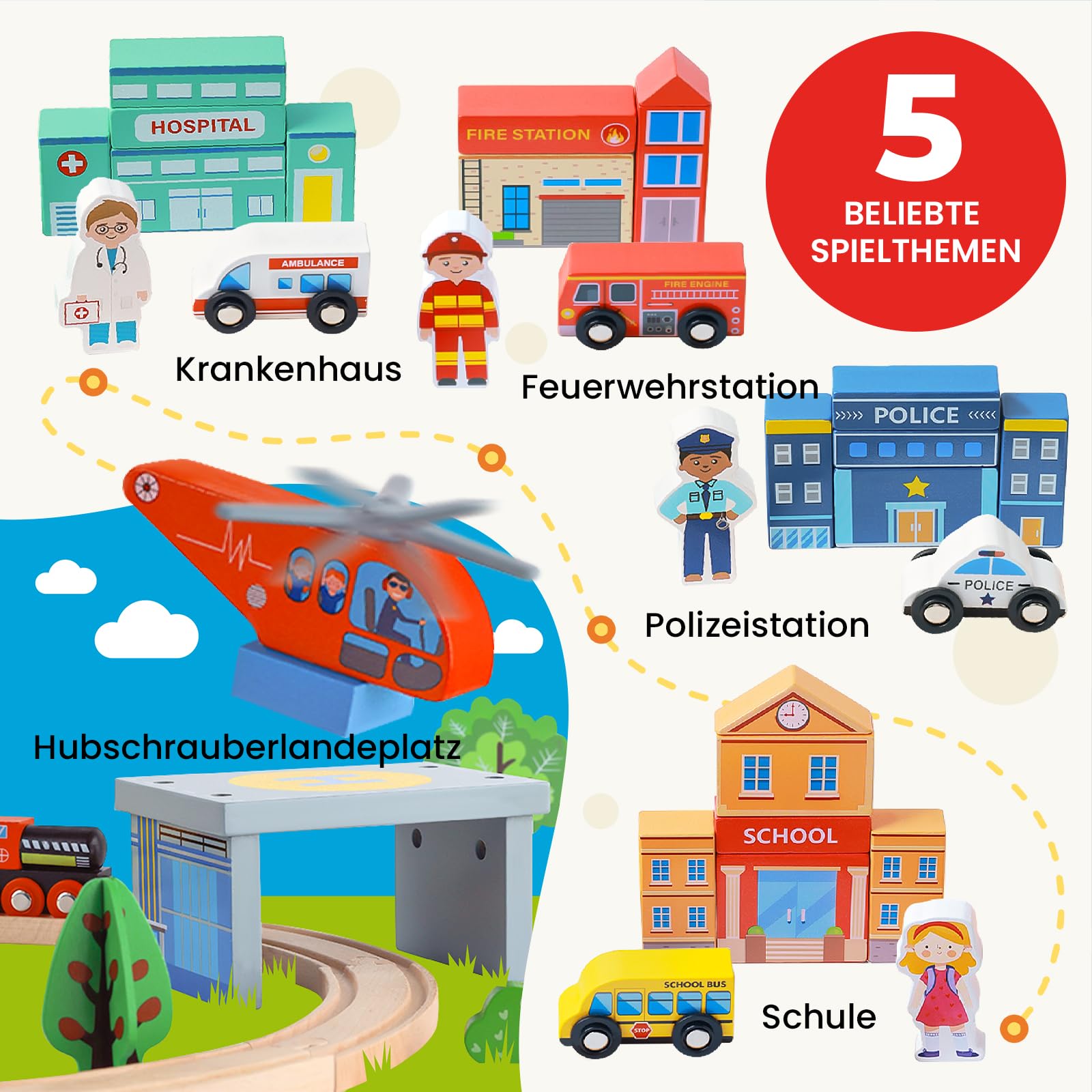 Tiny Land Eisenbahn-Set, 110-teiliges Holzeisenbahn-Set, Spielzeugeisenbahn für Jungen und Mädchen mit Holzeisenbahnschienen, Holzspielzeug für Kleinkinder und Kinder im Alter von 3–7 Jahren, Eisenbah