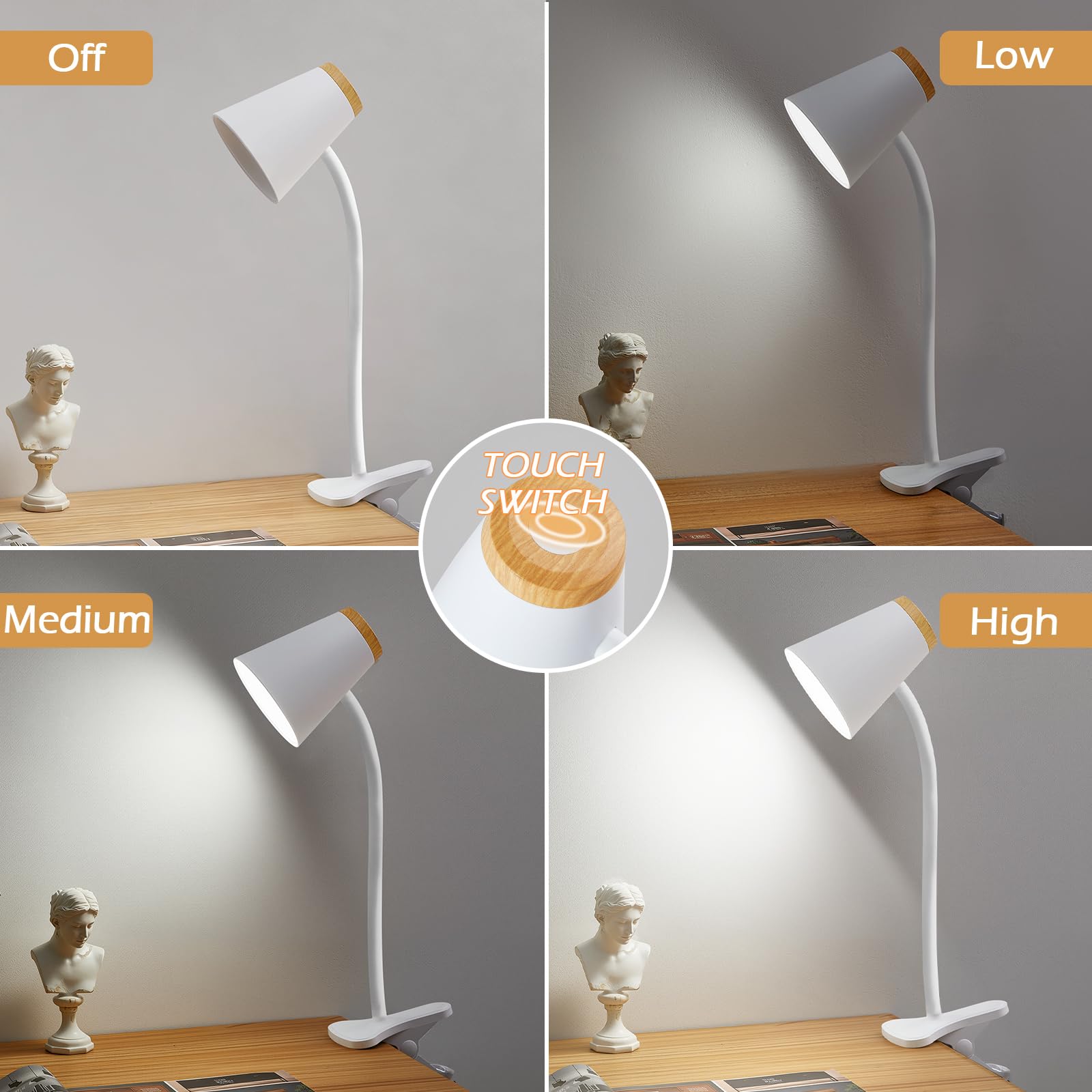 EJIAXIN Lampada da scrivania a clip per casa e ufficio, piccole luci LED dimmerabili per leggere di notte, lampada da scrivania flessibile regolabile con morsetto a collo d'oca per comodino