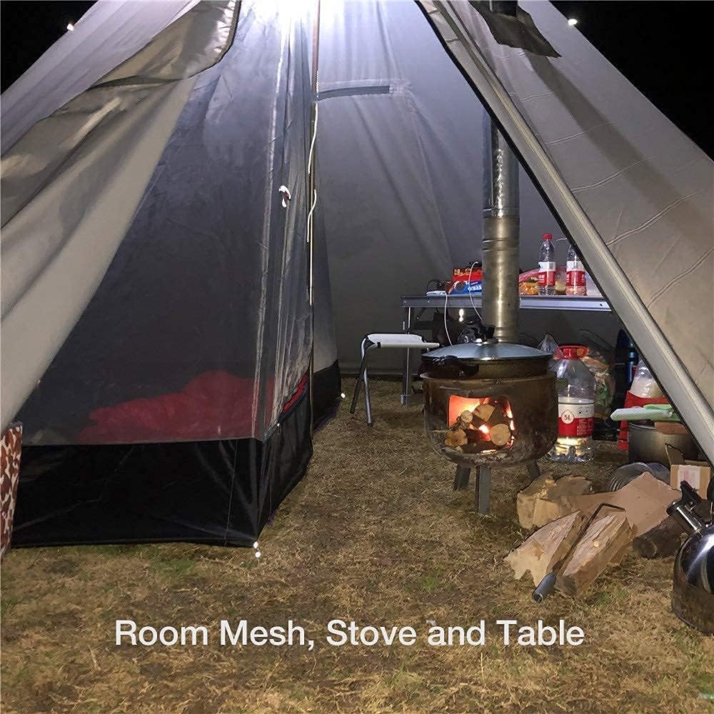 Tente pyramidale chaude avec trou de poêle et fenêtres pour camping en plein air, tente tipi familiale pour 2 à 4 personnes