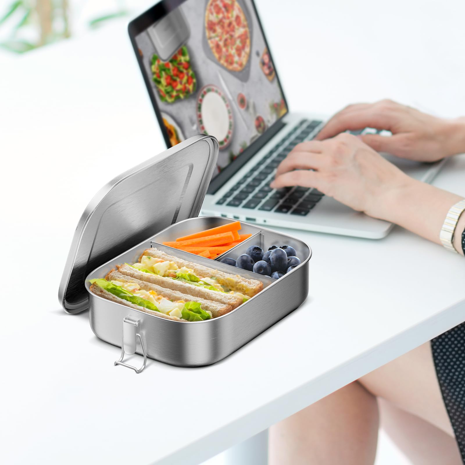 1400ML Edelstahl Bento Box für Erwachsene, 3-Fach Metall Lunchbox mit abschließbaren Clips, 1,332.4 g auslaufsicherer Lebensmittelbehälter für Arbeit, Reisen, spülmaschinenfest