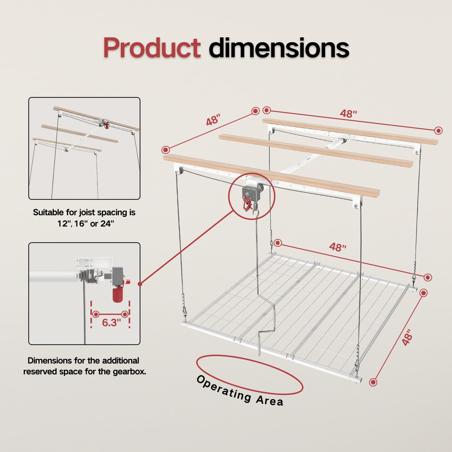 Elevador de almacenamiento de techo de 4 x 4 pies, sistema de almacenamiento de garaje montado de alta resistencia, capacidad de 250 libras (blanco)