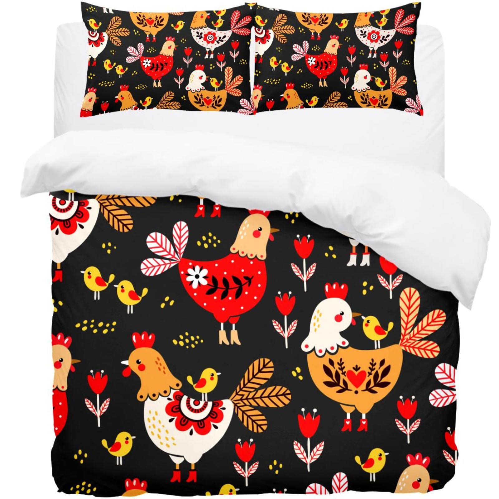 Housse de couette coq coloré et 2 taies d'oreiller au motif animalier vibrant