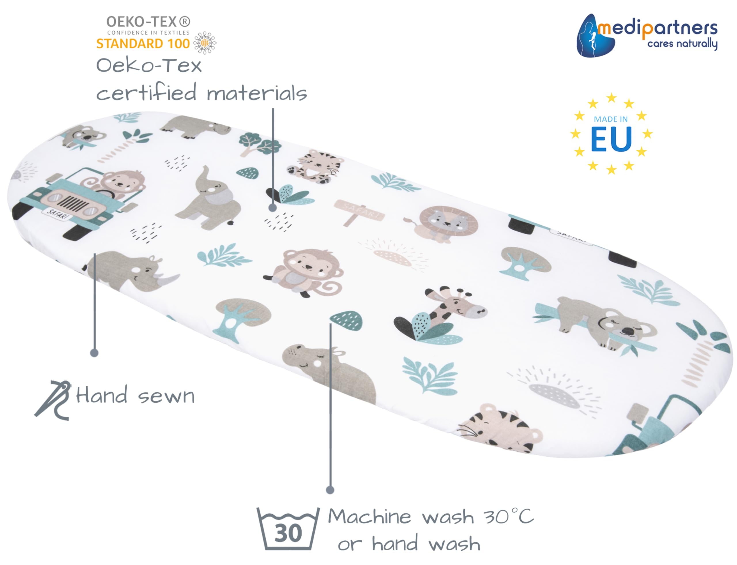 Medi Partners Set of 3 pcs. Fitted Sheet Pram 86 x 40 cm 100% Cotton Mattress Protector Baby, Mint Zoo-white-grey, Three pack - Image 3