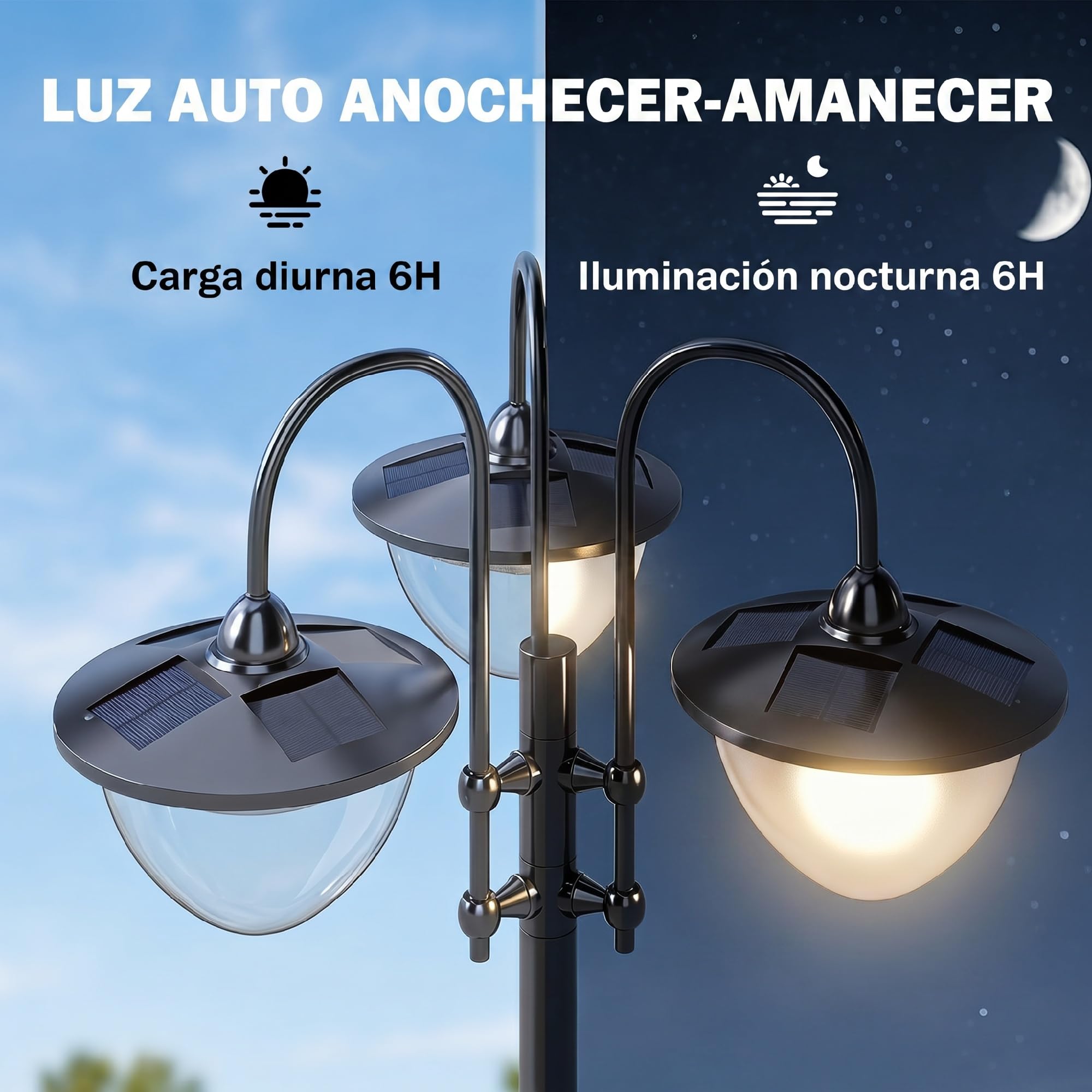 Outsunny Farol Solar de Jardín con 18 Luces LED Blanca Fría 6000K Impermeable IP44 Sensor de Noche y Base de Maceta Farola de Exterior para Camino Terraza Patio 60x55x189 cm Negro