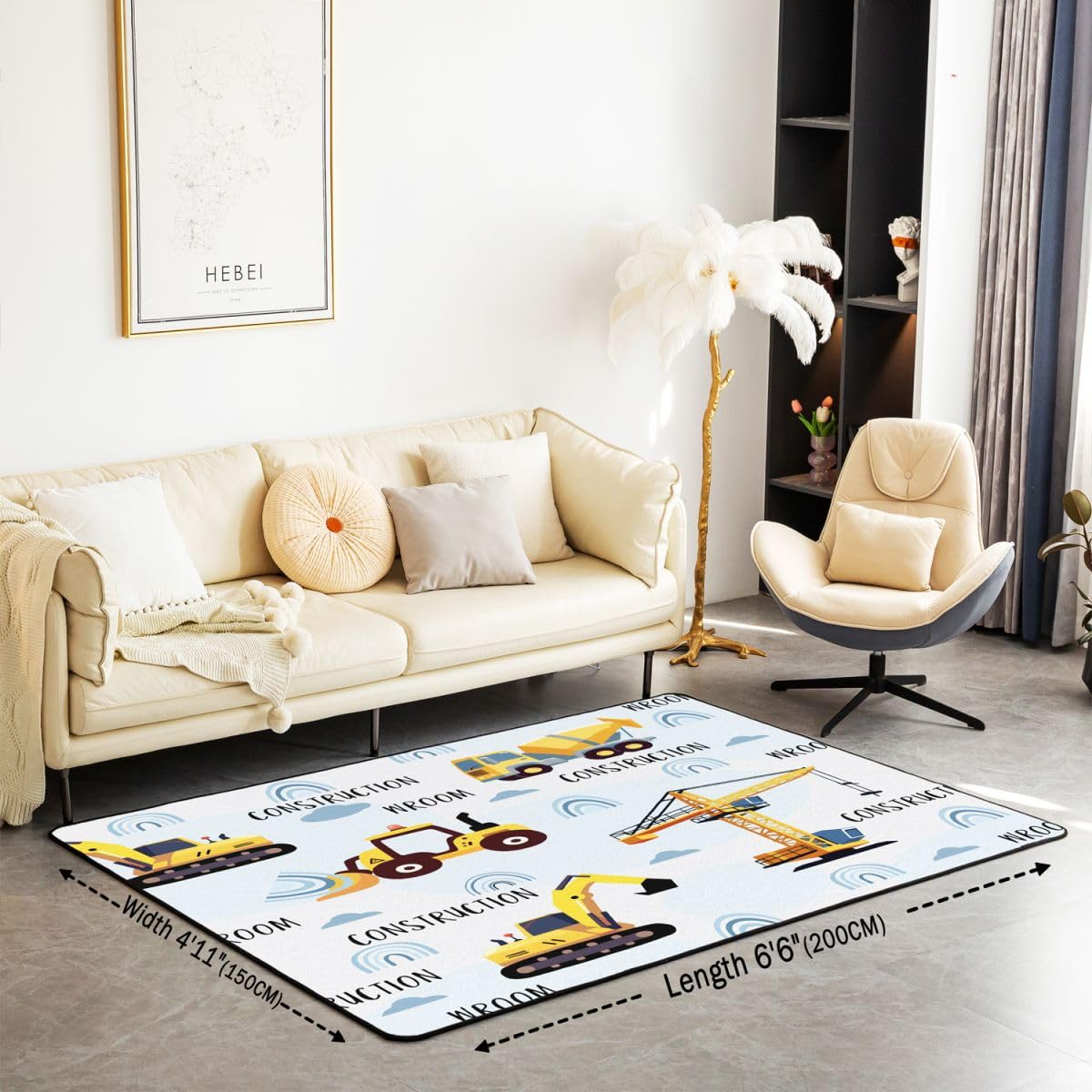 Tappeto per area di costruzione 13 x 17 cm, tappeto decorativo per bambini, per ragazzi e adolescenti, attrezzature, camion, soggiorno, escavatore, trattore, giallo, tappetino per interni, decorazione