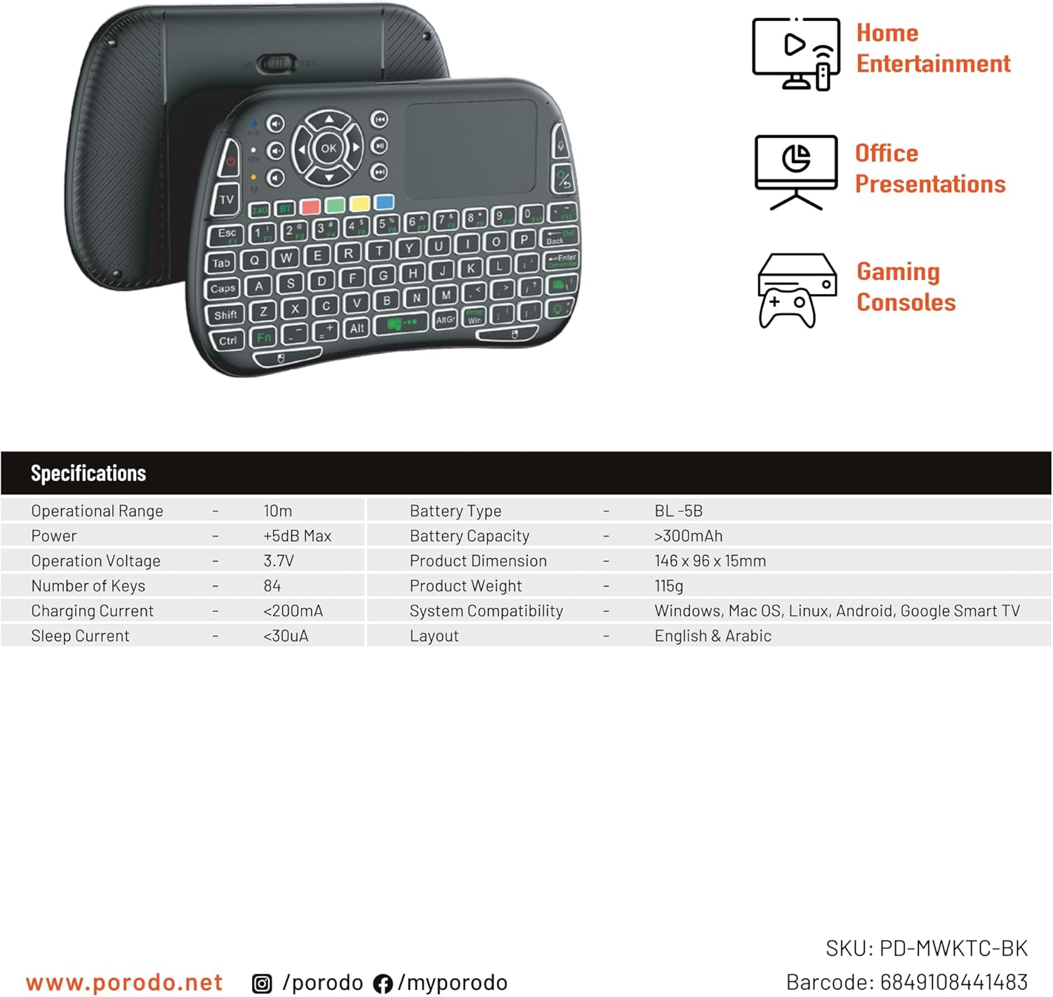 Porodo Universal Wireless Remote & Mouse with usage scenarios and detailed specifications table