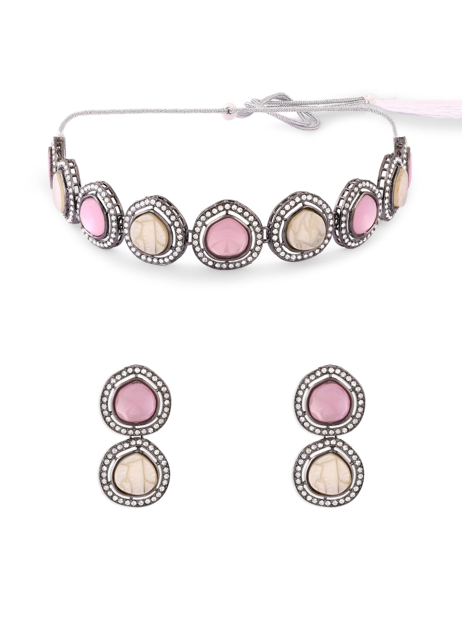 ZAVERI PEARLS Pink Stones Mother of Pearls Embellished Antique Black Choker Necklace & Earring Set For Women-ZPFK17637 (B0CWV688RL) Amazon Price History, Amazon Price Tracker