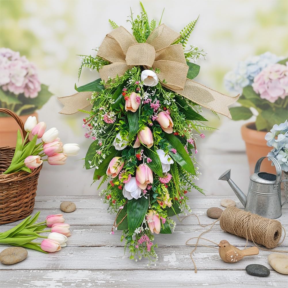 Ghirlanda di tulipani per decorazione della porta d'ingresso, ghirlanda di fiori artificiali primaverile estiva con fiocco per ingresso di casa da appendere alla parete, 55 x 30 cm