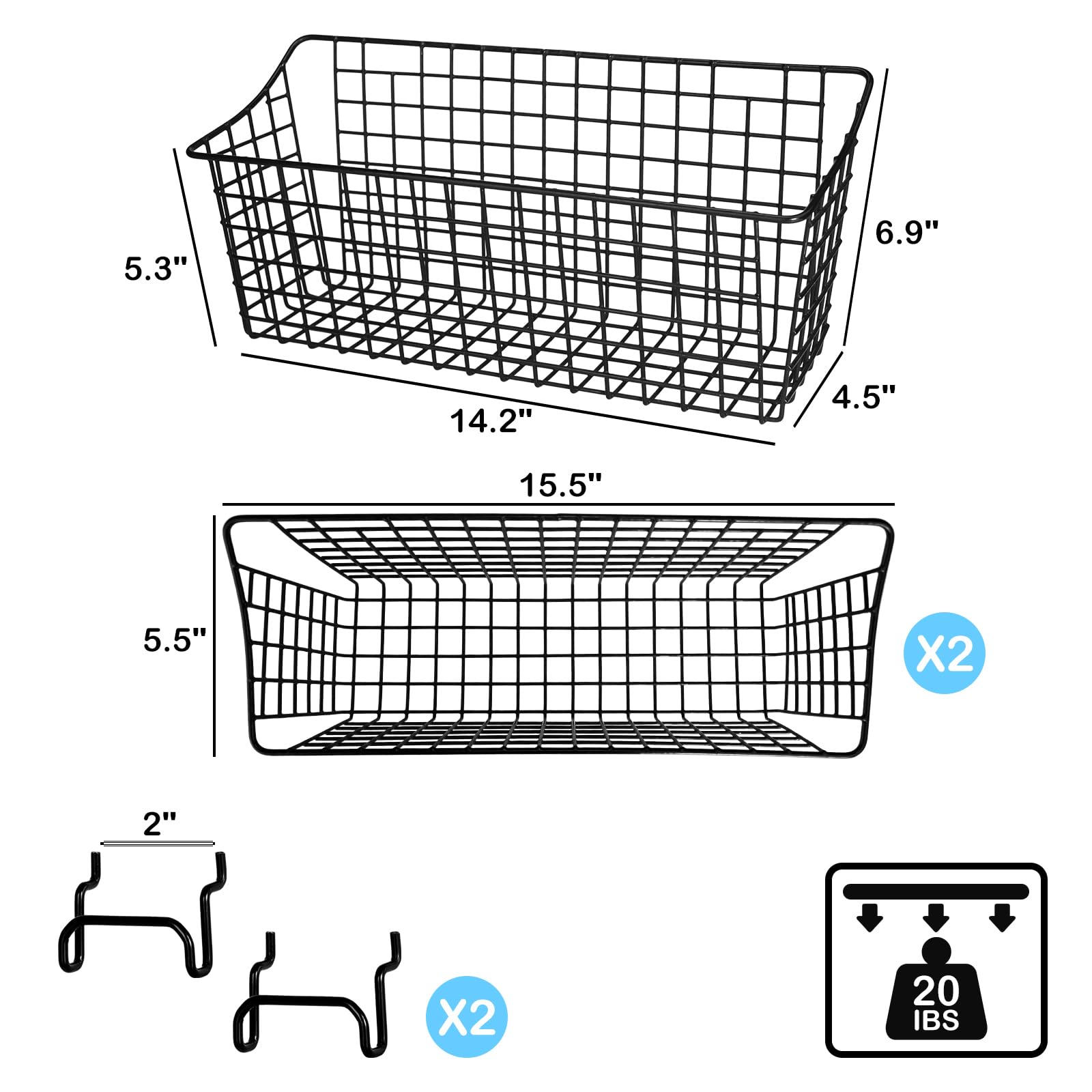 G.CORE 2 Stück Stecktafelkörbe, schwarze Metallregale, Haken auf 0.3 cm und 0.6 cm Loch, Wäscheklammerbretter, Körbe, Behälter-Set – Werkzeug, Werkbank, Wandhalterung, Organizer-Aufsätze (2 große )