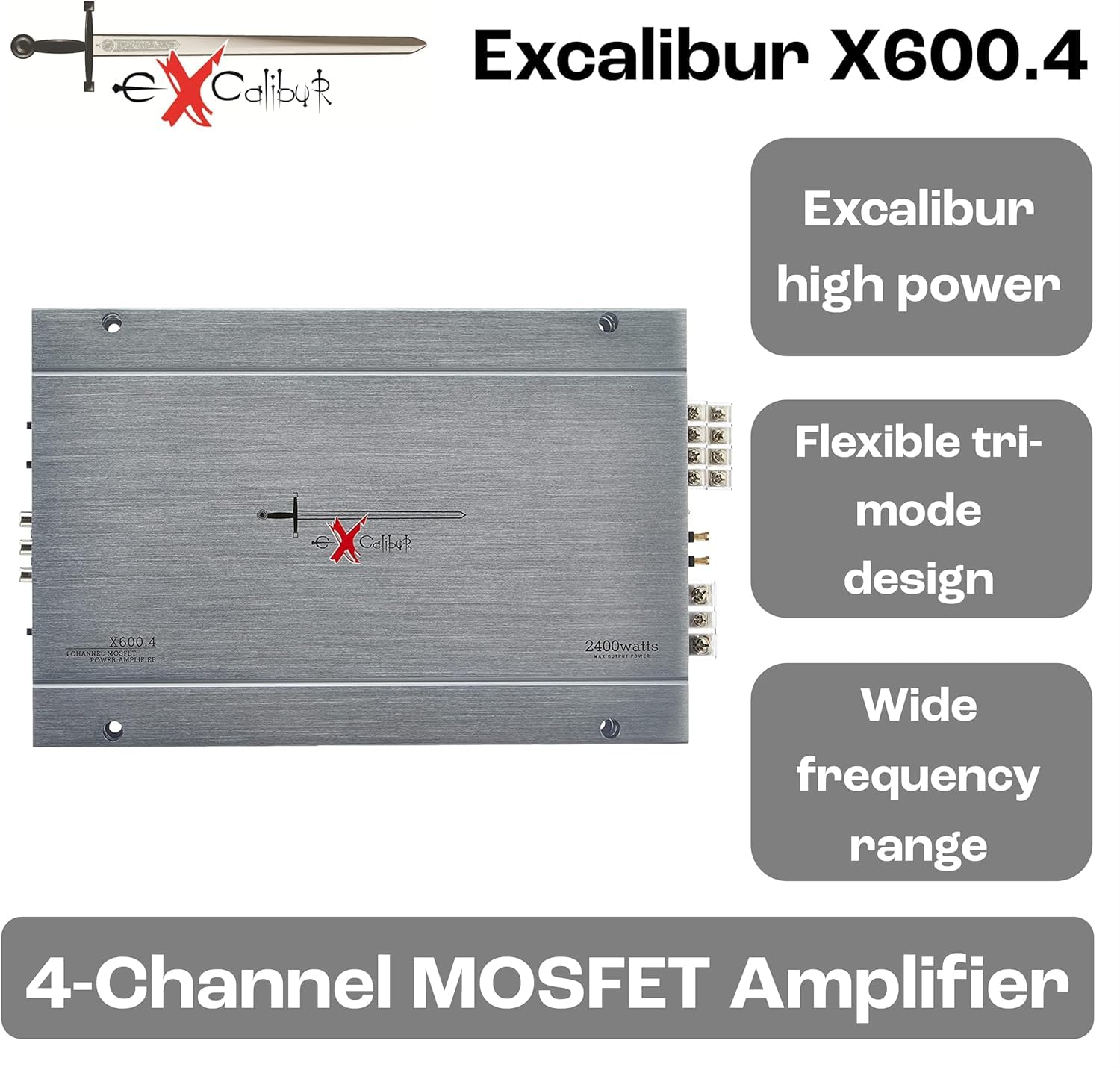 Excalibur X600.4 - Auto Verstärker 4 Kanal - 4X 600 Watt Mosfet HiFi KFZ Endstufe mit Bass-Boost - 2400 Watt Maximum - 2 Ohm Variable Frequenzweiche, Silber