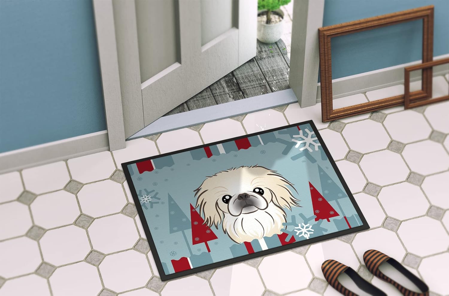 Caroline's Treasures BB1717JMAT Winter Holiday Pekingese Doormat 24x36 Front Door Mat Indoor Outdoor Rugs for Entryway, Non Slip Washable Low Pile, 24H X 36W