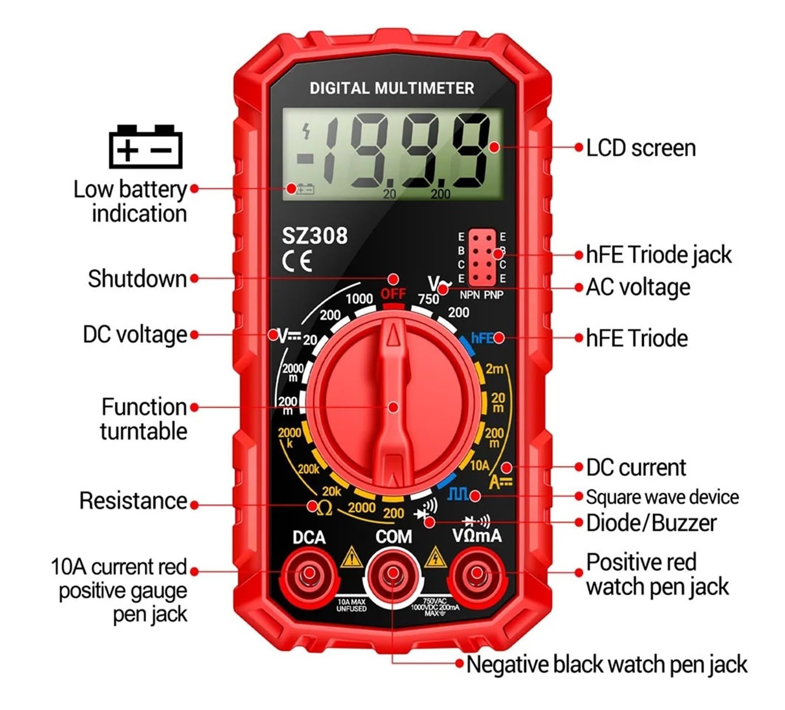 Multimetr SZ308, miernik rezystancji napięcia, elektryk LCD, licznik prądu AC/DC, cyfrowy test falowy z podświetleniem (SZ308 czerwony)
