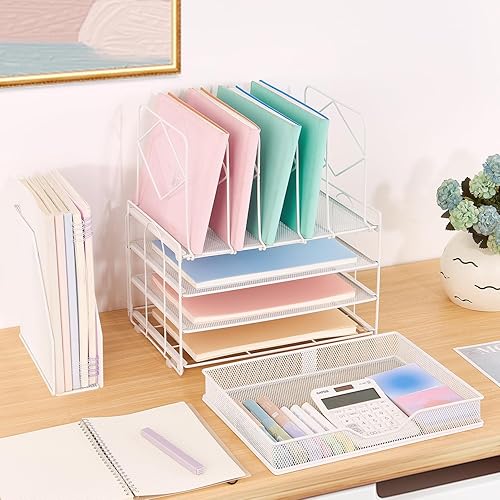 Miniatura 5 de Spacrea Organizadores y accesorios de escritorio, bandejas de letras de 4 niveles, organizador de papel con soporte para archivos y cajón,