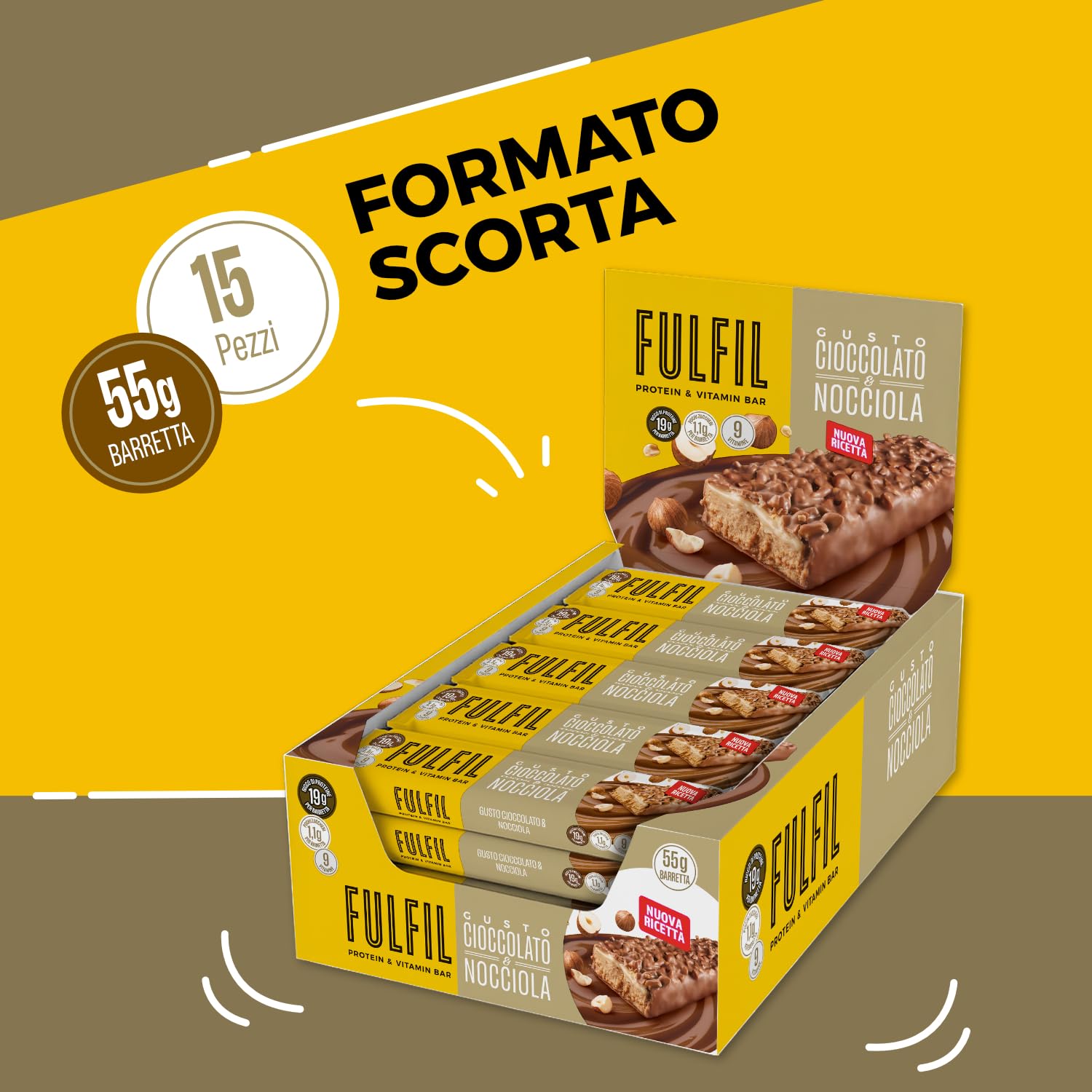 FULFIL - 15 Barrette Proteiche da 55 Grammi, Gusto Cioccolato e Nocciola con 9 Vitamine e Pochi Zuccheri, Confezione da 825 Grammi