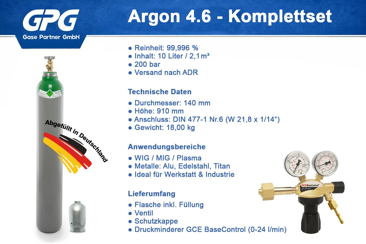 Argon 4.6 | 10 Liter 200 bar Gasflasche gefüllt | Profi-Schweißgas für WIG/MIG | UN1006 | Eigentumsflasche ohne Markenbindung | inkl. Druckminderer – SET | Sofort einsatzbereit | ADR-Gefahrgut-Versand