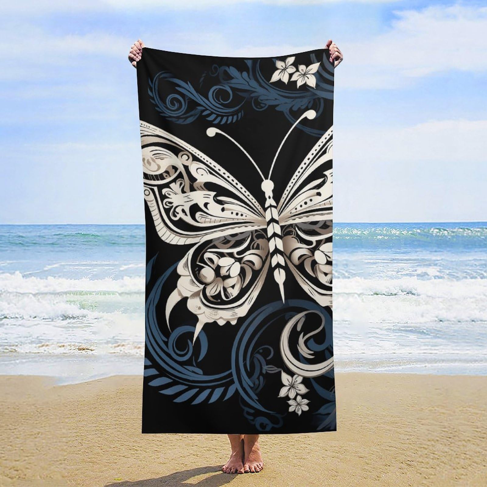 NTVOWPZO White Butterflies and Tribal Beach Towel Oversized Microfiber Bath Towels Lightweight Sand Proof Beach Towels Absorbent Pool Towels for Swimming Yoga Bathroom Towel 31.5" X 63"