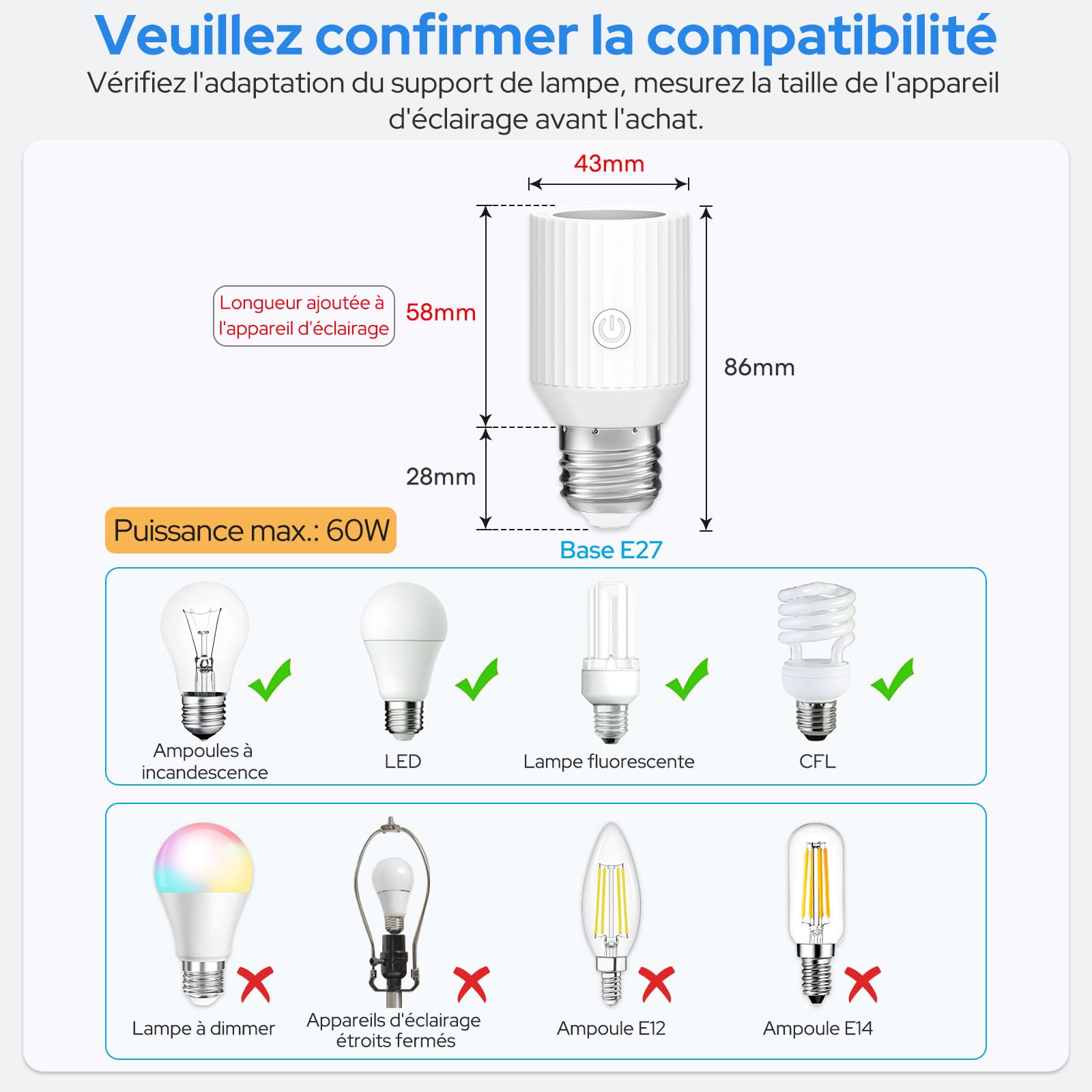LoraTap Douille d’Ampoule Sans Fil avec Télécommande, Double Douille E27, Lot de 2 avec Télécommande 4 Boutons, ON/OFF Indépendant pour Plafonniers, Placards & Lampes à Chaînette, 60W Max