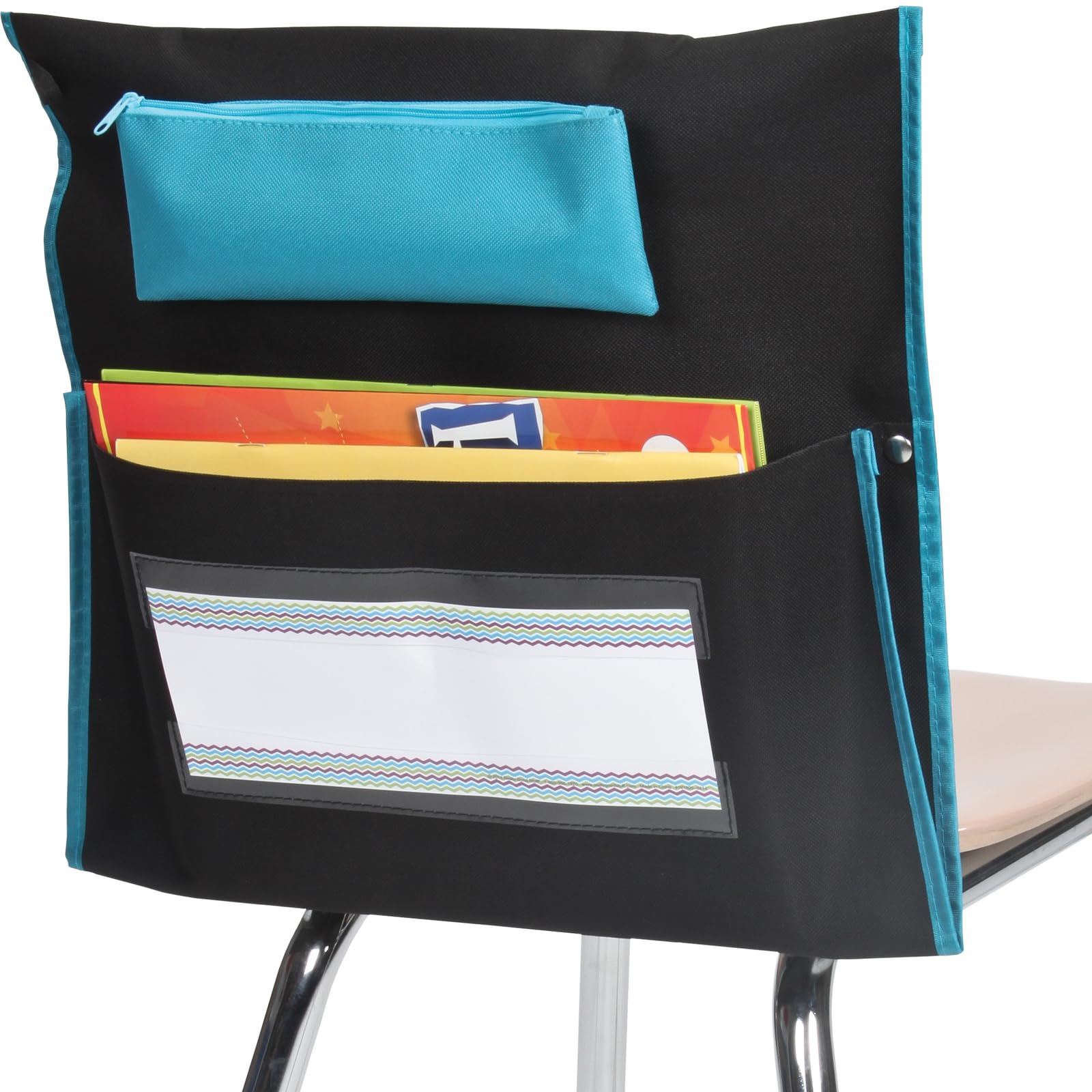 Really Good Stuff Deluxe Chair Pockets with Pencil Case - 6 Pack - Black/Turquoise - Chairback Buddy, Classroom Chair and Seat Storage Organizer for Students and Classroom Organization
