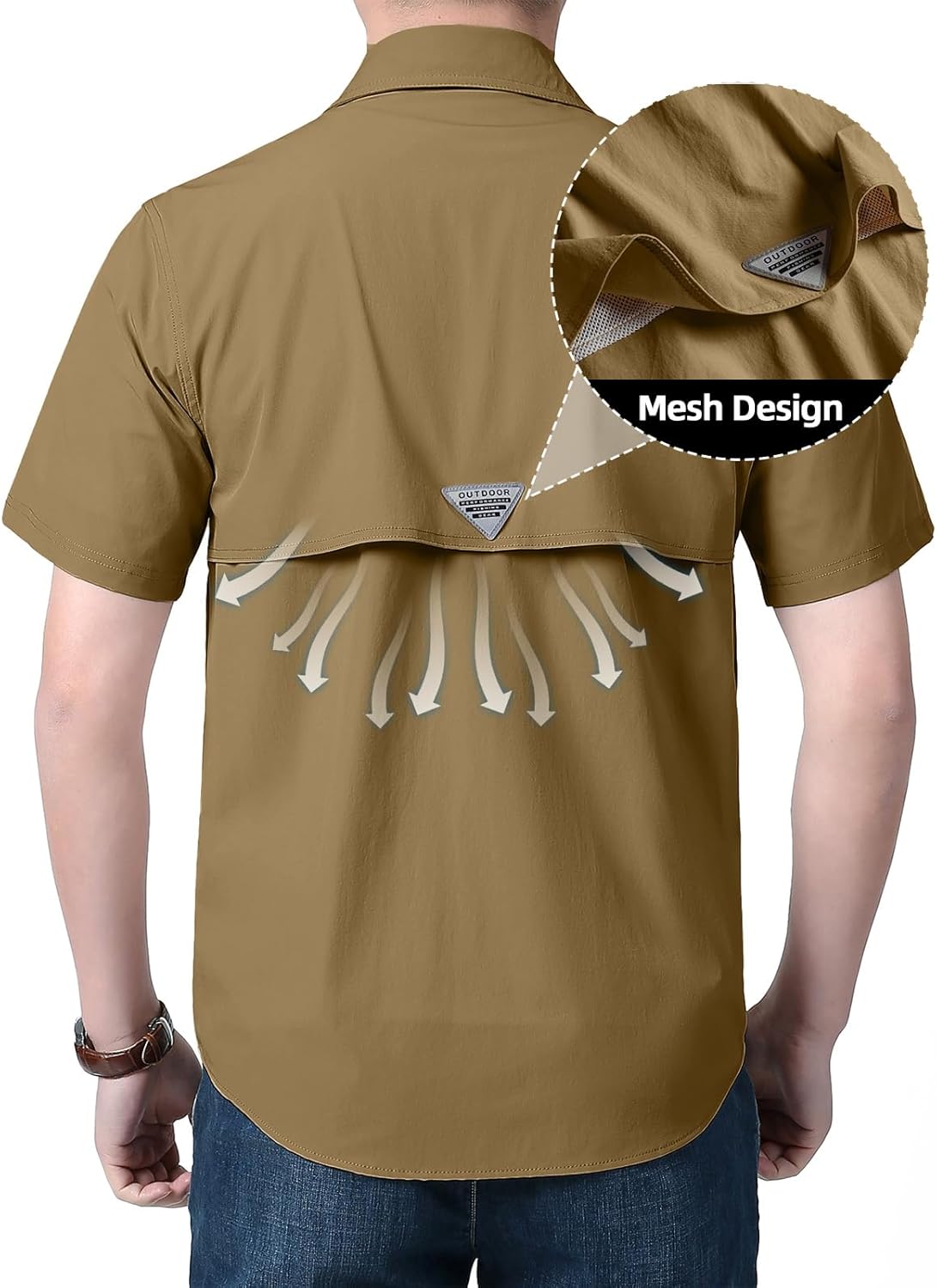 Mens Sun Protection Fishing Shirts Short Sleeves UPF50+ Button Down Quick Dry Shirts Hiking Zipper Pockets