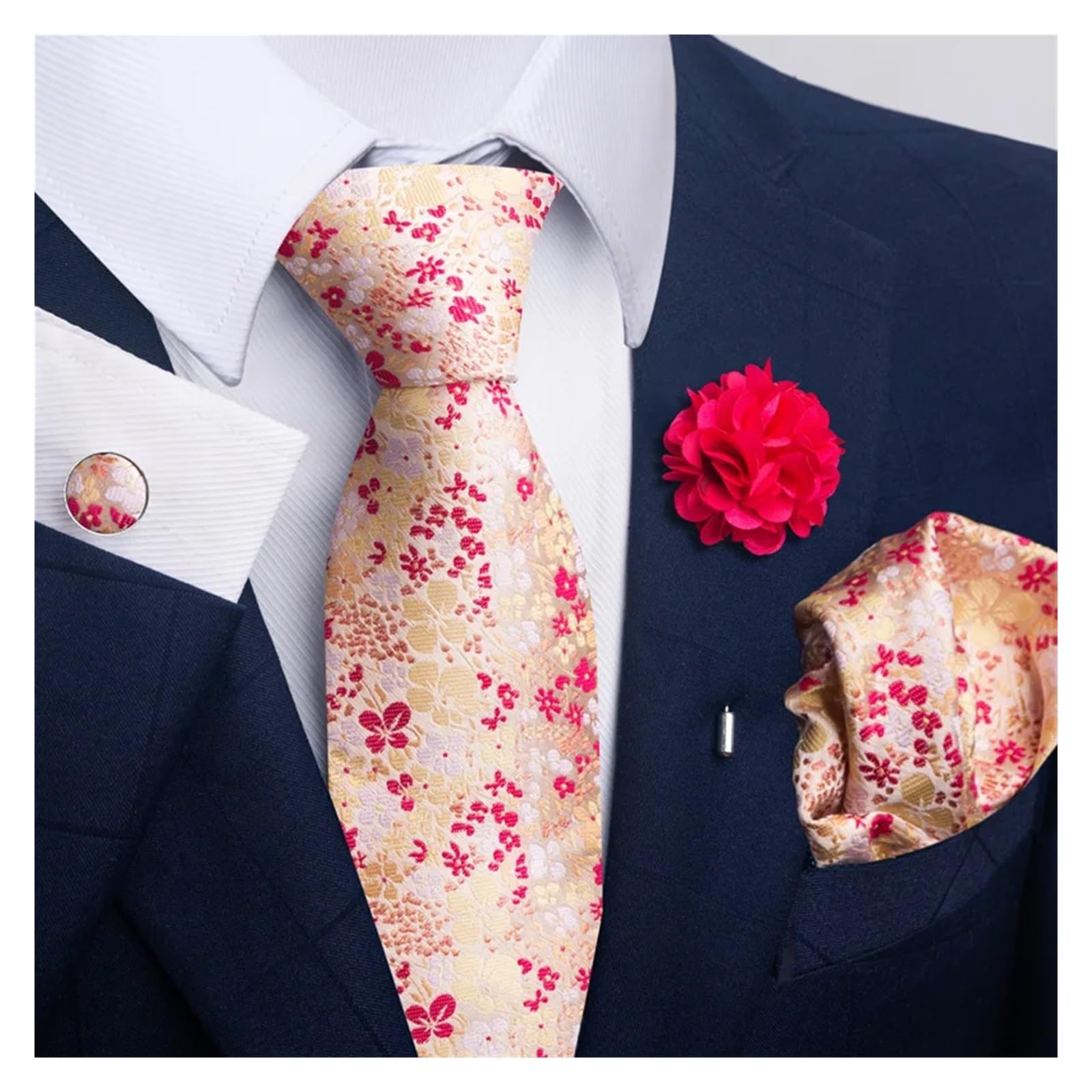 Herren-Krawatten, Blumenmuster, schwarz-goldene Krawatten, Paisley-Krawatte, Einstecktuch, Manschettenknöpfe, Broschen-Set, Herren-Krawatte for Hochzeit, Party