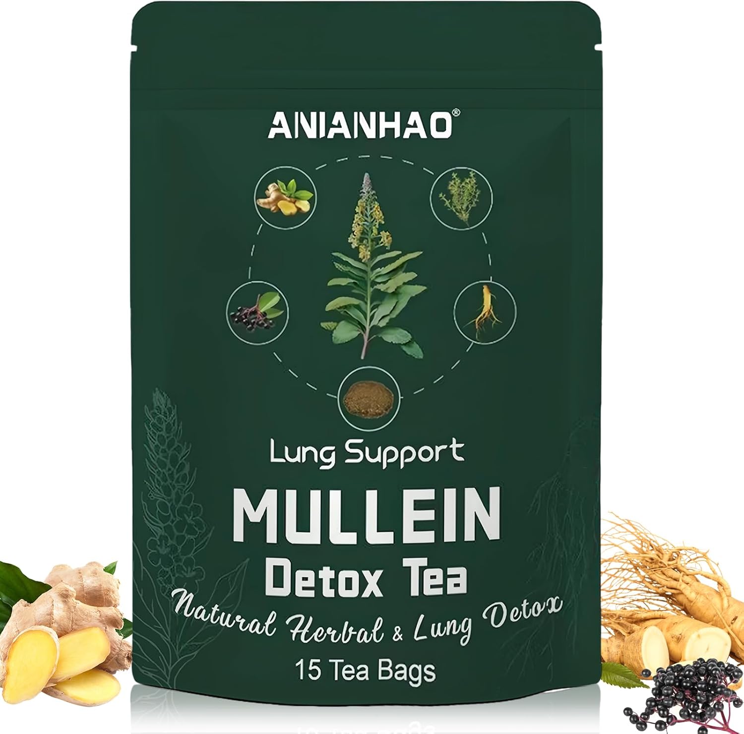 Mullein Tea Bags for Lungs – Lung Detox Cleanse Mullein Leaf Tea – Mullein Leaf, Thyme, Elderberry, Ginseng, and Ginger for Respiratory, Lung Cleanse, Iymphatic Cleanse & Detox, Immune Support