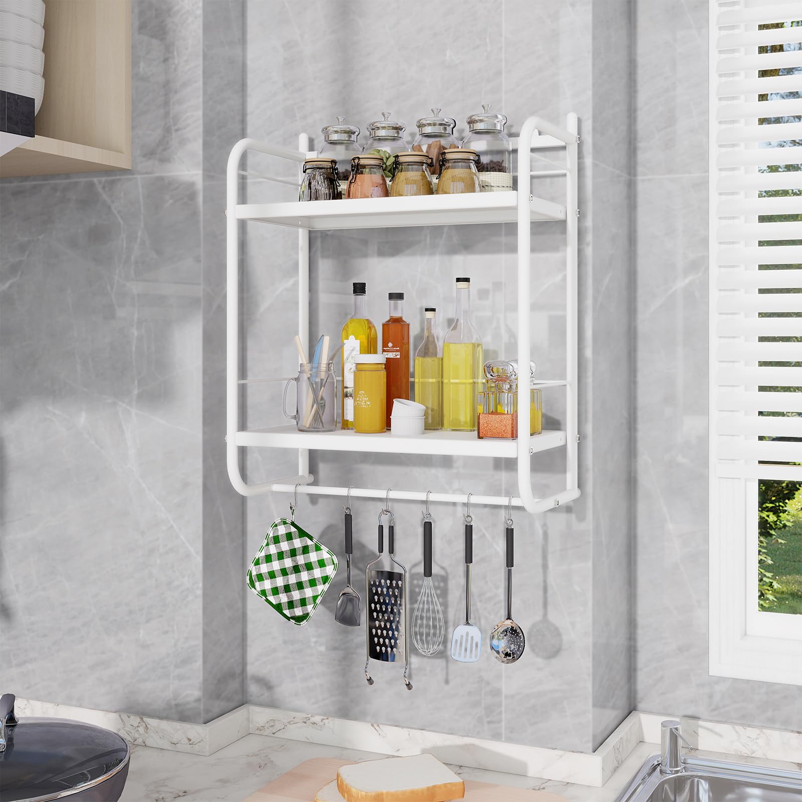 HDANI Estantería de Pared de Metal de 2 Niveles,con 2 estantes Ajustables,Estante de Ducha para baño,Dormitorio,salón,Cocina, Oficina en casa,lavadero,41×21,5×49,5cm,Blanco