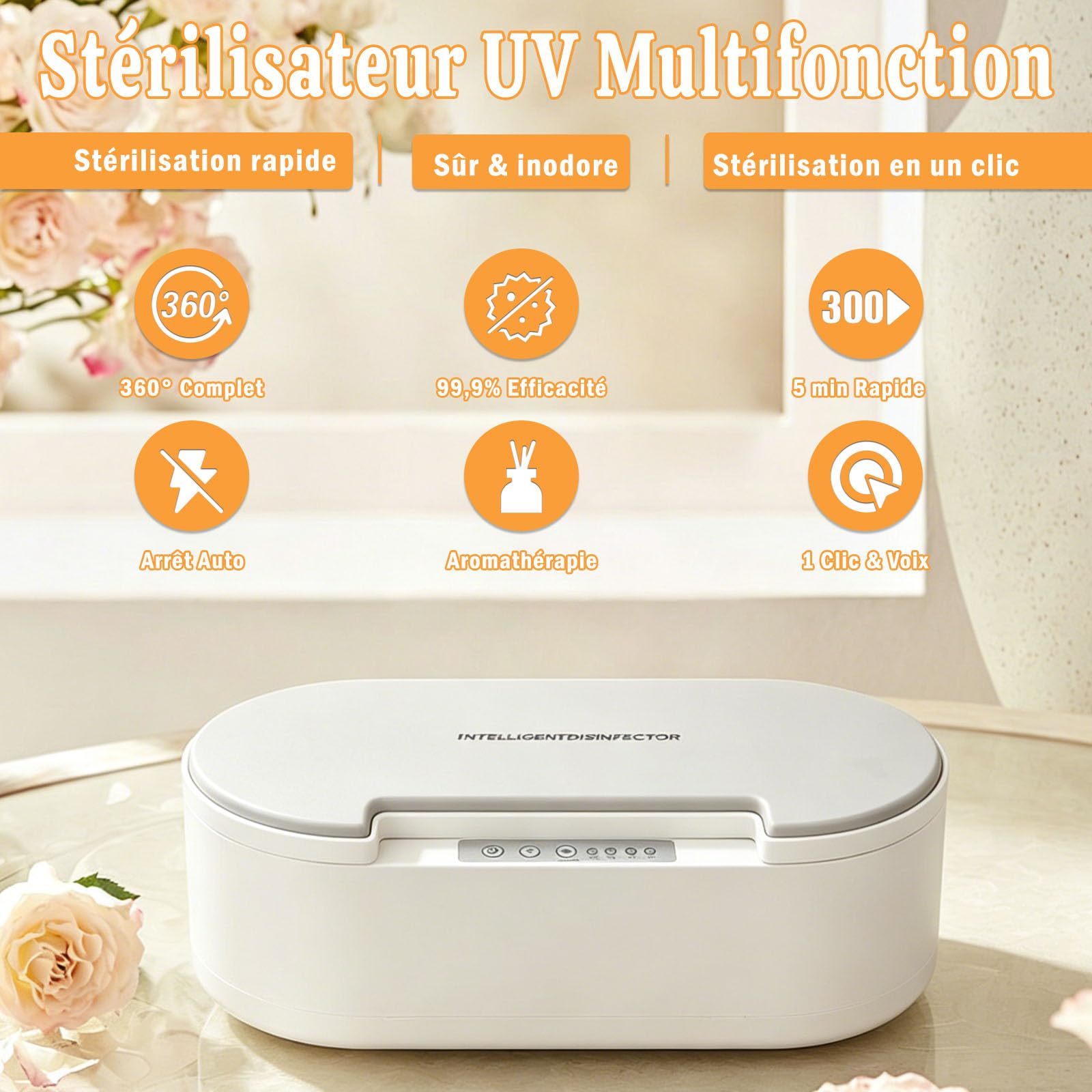 Stérilisateur UV Outils Ongles avec Aromathérapie, Désinfection 99.9% en 5 Minutes, Alerte Vocale, Lampe UV-C 260nm, Boîte Stérilisation pour Salon Manucure Maison