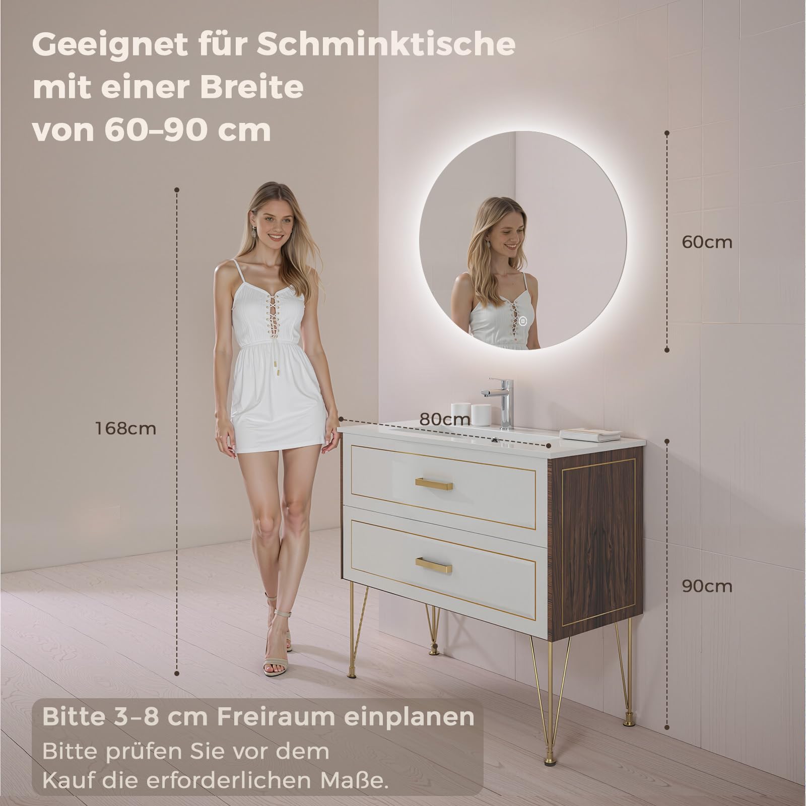 Badspiegel mit Beleuchtung Rund 60 cm, Rahmenlos, Kaltweiß 6500K