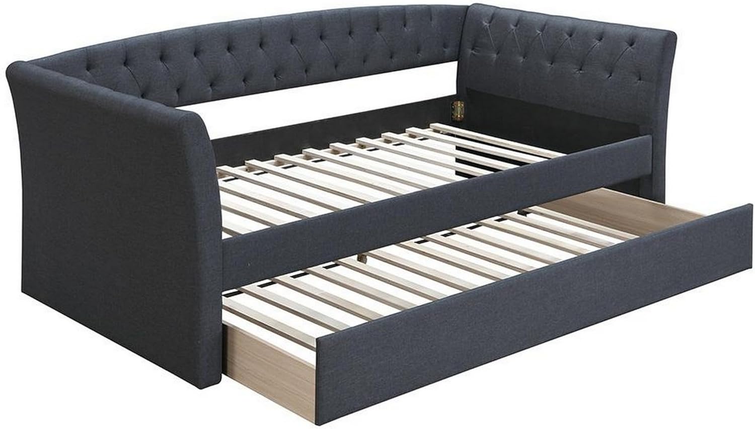 Benjara BM300250 Button Tufted & Burlap Alma Classic Wood Day Bed with Trundle Charcoal Gray