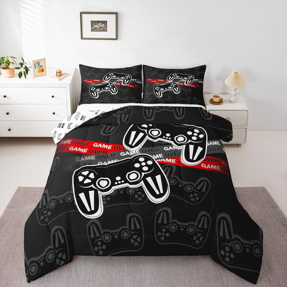 Feelyou Gamer Comforter Set All Season Gamepad Bedding Set with 2 Pillow Cases Video Games Microfiber Kids Full Bedclothes Bedroom Decor Duvet Quilt Breathable Soft Lightweight