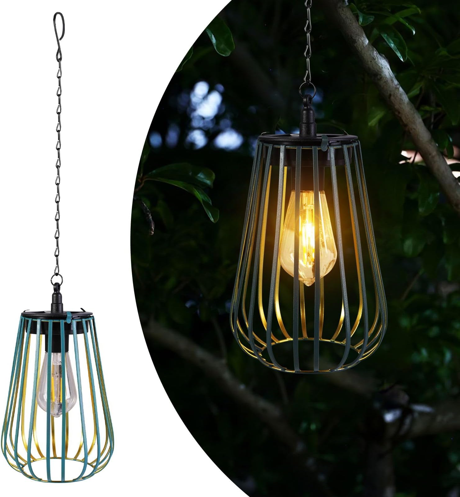 Solar Lanterns Outdoor Hanging Lights, Golden Metal Candle