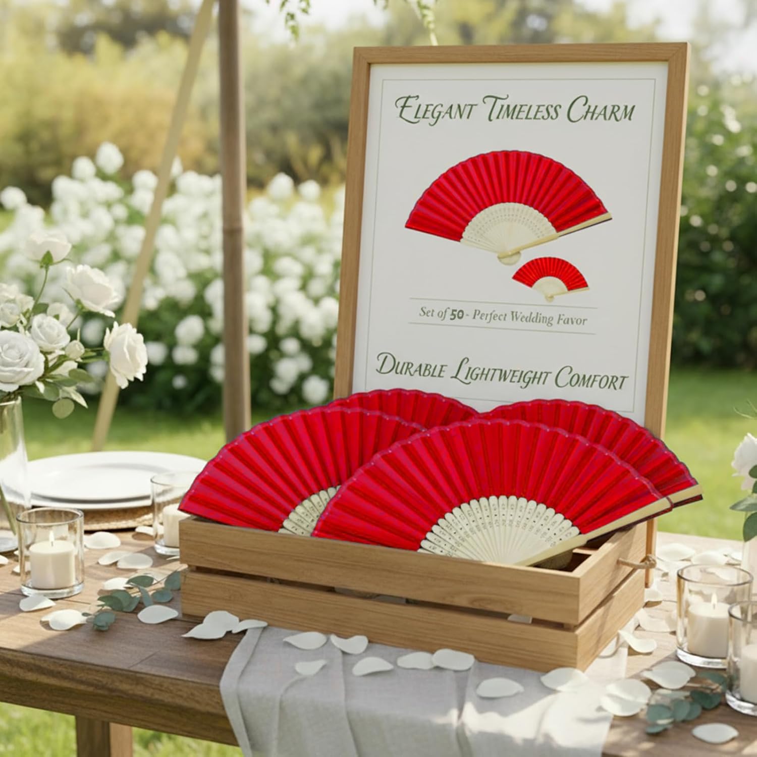 50-Pack Folding Hand Fans, Bamboo Silk Wedding Fans for Guests, Portable 15-Inch Decorative Chinese for Party Favors & Home Decor, Red, Homeused
