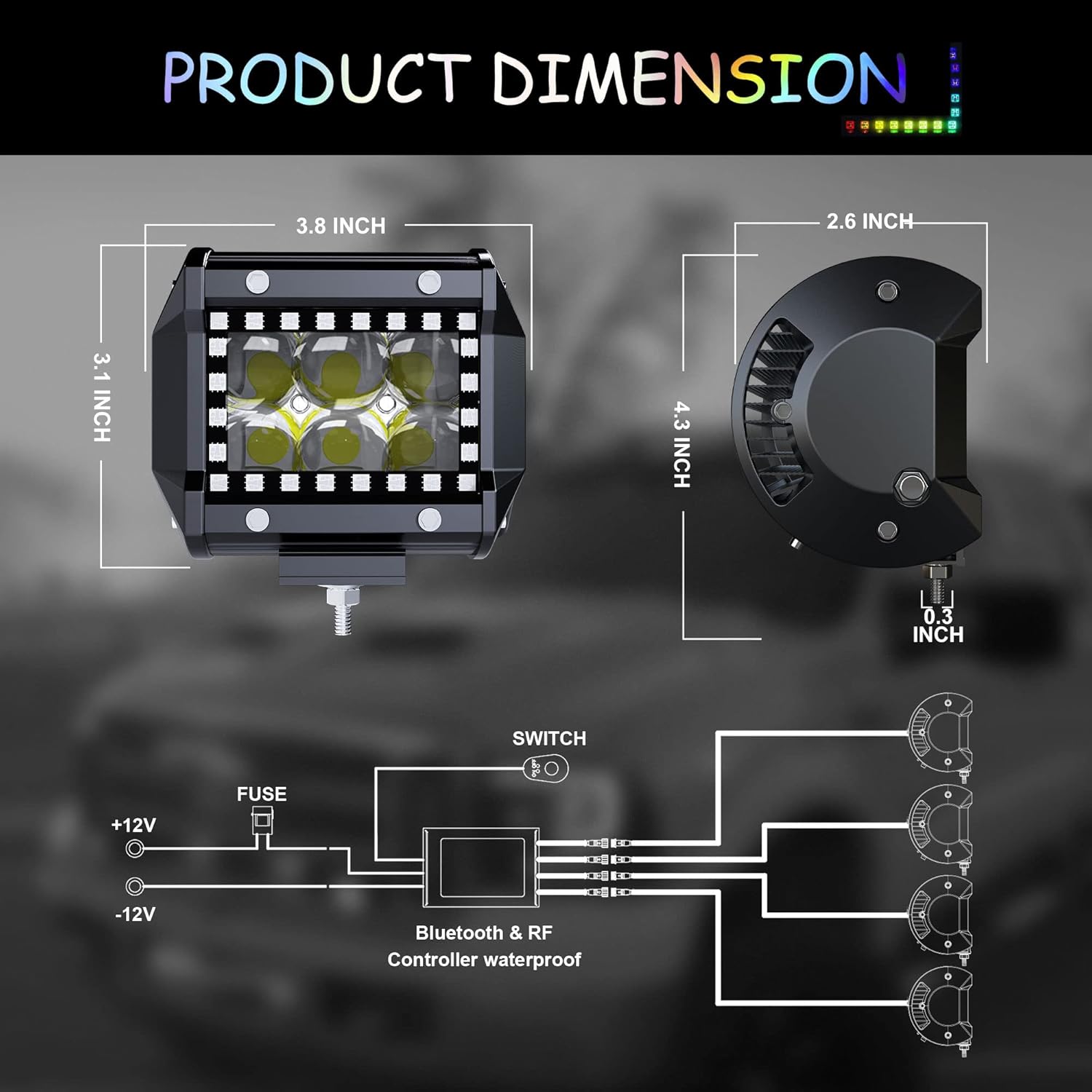 4PCS 4" inch LED Spot Work Light Bar with Multi-Color Chasing RGB Halo 16 Solid Colors Over 92 Flashing Modes Offroad Pods Lights LED Driving Lamp Fog Lights with Switch and Wiring Harness