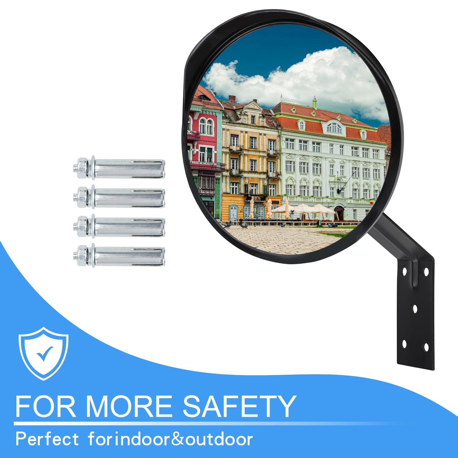 12-Inch Convex Security Corner Mirror (Clear View) - Adjustable Fixing Bracket, Wide Angle, Indoor and Outdoor Use - Ideal for Warehouse, Office, Parking Garage, and Traffic Safety (Black)