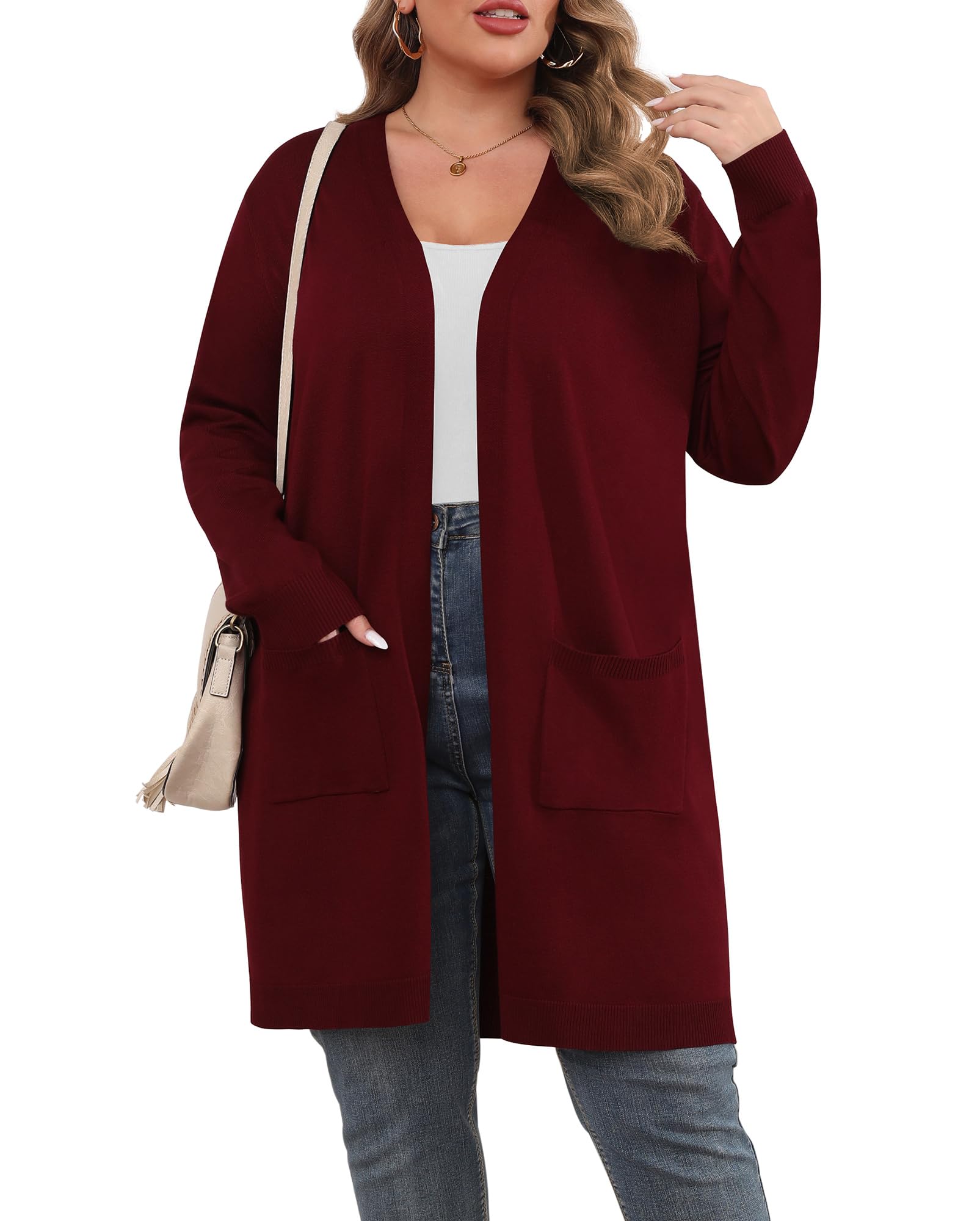 TIANZHU Plus Size Lightweight Cardigan for Women Open Front Long Sleeve Loose Fit Casual Outwear with Pockets XL-4XL