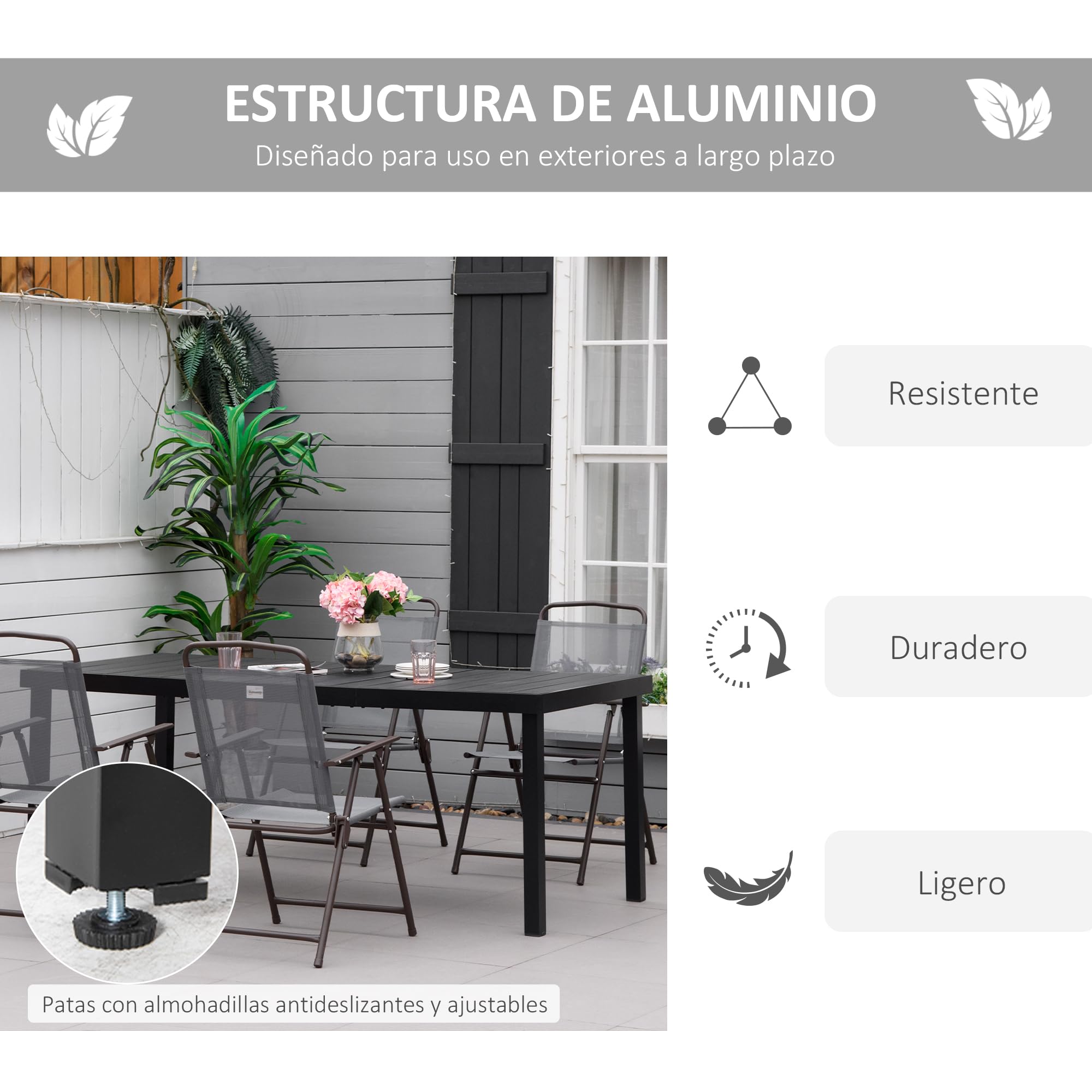 Outsunny Mesa de Comedor Exterior de Aluminio, Mesa de Jardín Exterior para 8 Personas con Encimera de Listones, para Terraza, Balcón, 190x90x74 cm, Negro