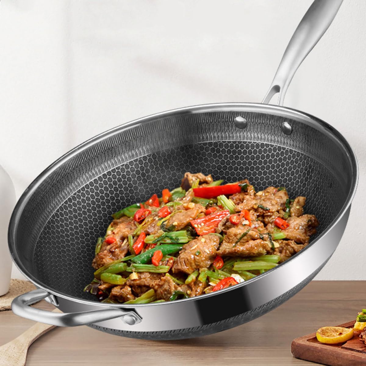 Wok Manico Ergonomico Acciaio Inossidabile Design a Nido D'ape in Facile da Pulire Colore Argento, per Cucinare Carne in Cucina