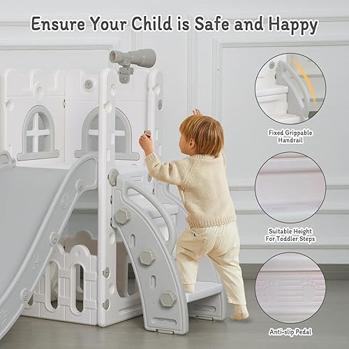 Miniatura 6 de Tobogán 6 en 1 para niños pequeños, escalador deslizante para interiores y exteriores, con aro de baloncesto, almacenamiento y telescopio, tobogán