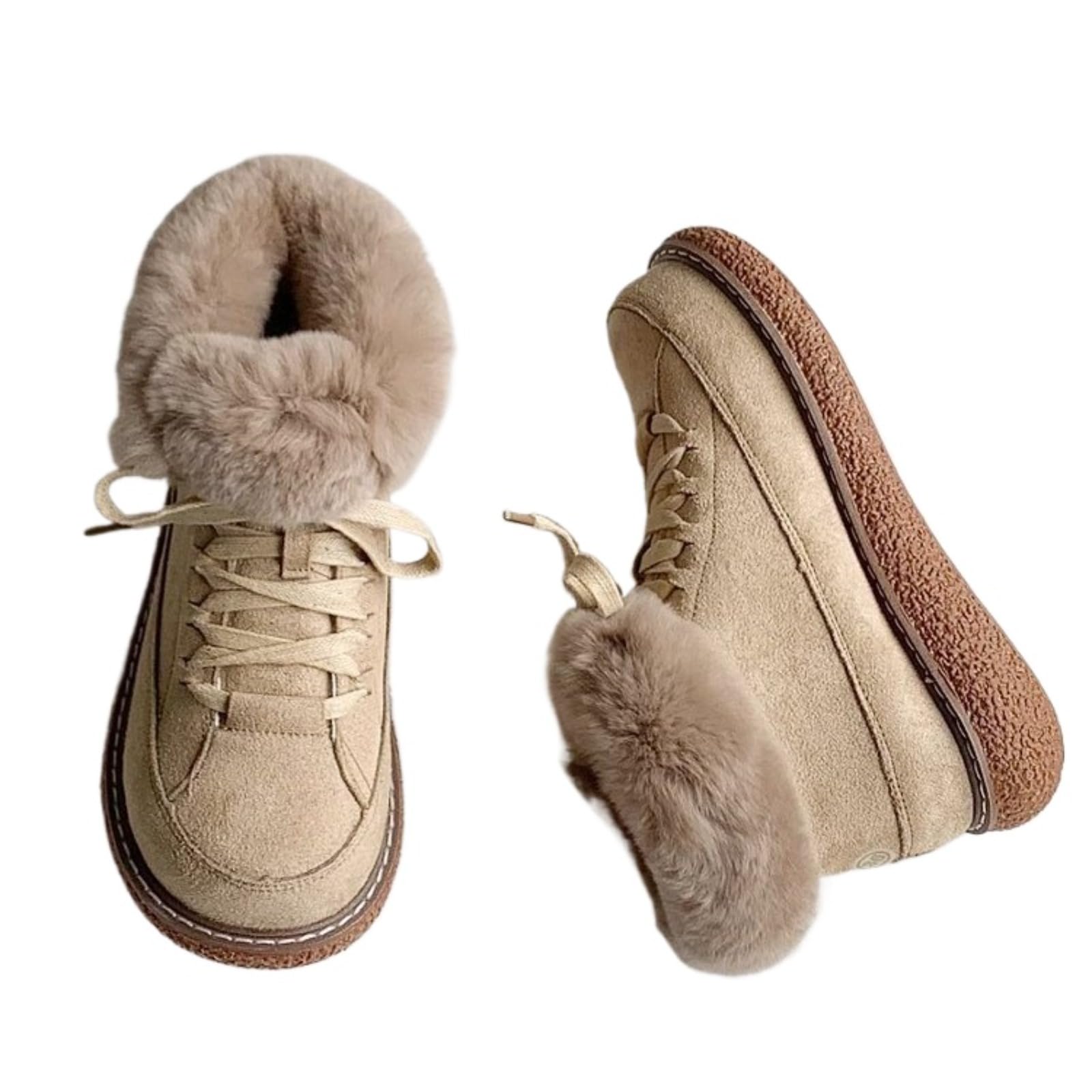 Womens Platform Winter Boots Peep Toe Ankle Booties with Faux Fur Lining Slip On Casual Shoes khaki 6