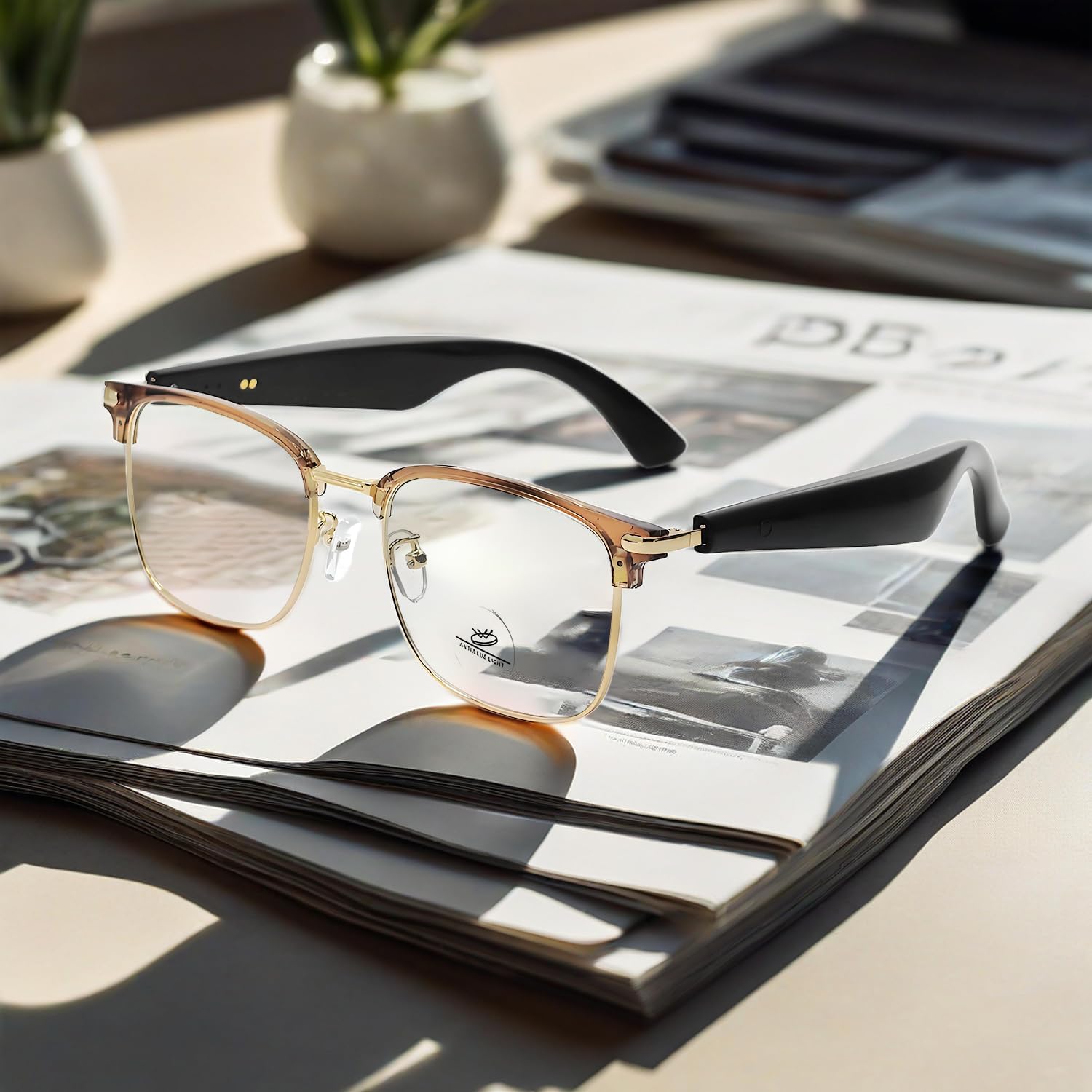 Clear Smart Bluetooth Glasses with HD Calls, Voice Assistant, Wireless Audio Eyewear, Open-Ear Speakers (Gold)