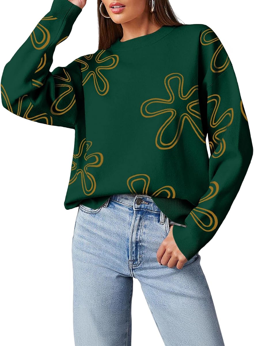 Suéteres para Mujer Tops Casuales de Punto de Cable con Estampado Floral de Manga Larga | Moda de principios de otoño, lindo cuello redondo, suéter cómodo, suave y holgado, puños acanalados, trajes de otoño para mujeres, ropa de otoño de moda