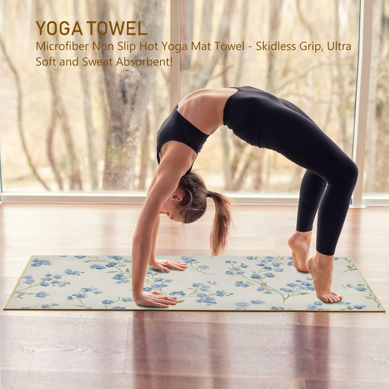 Flower Blue Yoga Mat Towel with Silicone Grip Dot – 73"x27" Non-Slip Sweat Absorbent Microfiber Yoga Towel for Home Gym Studio