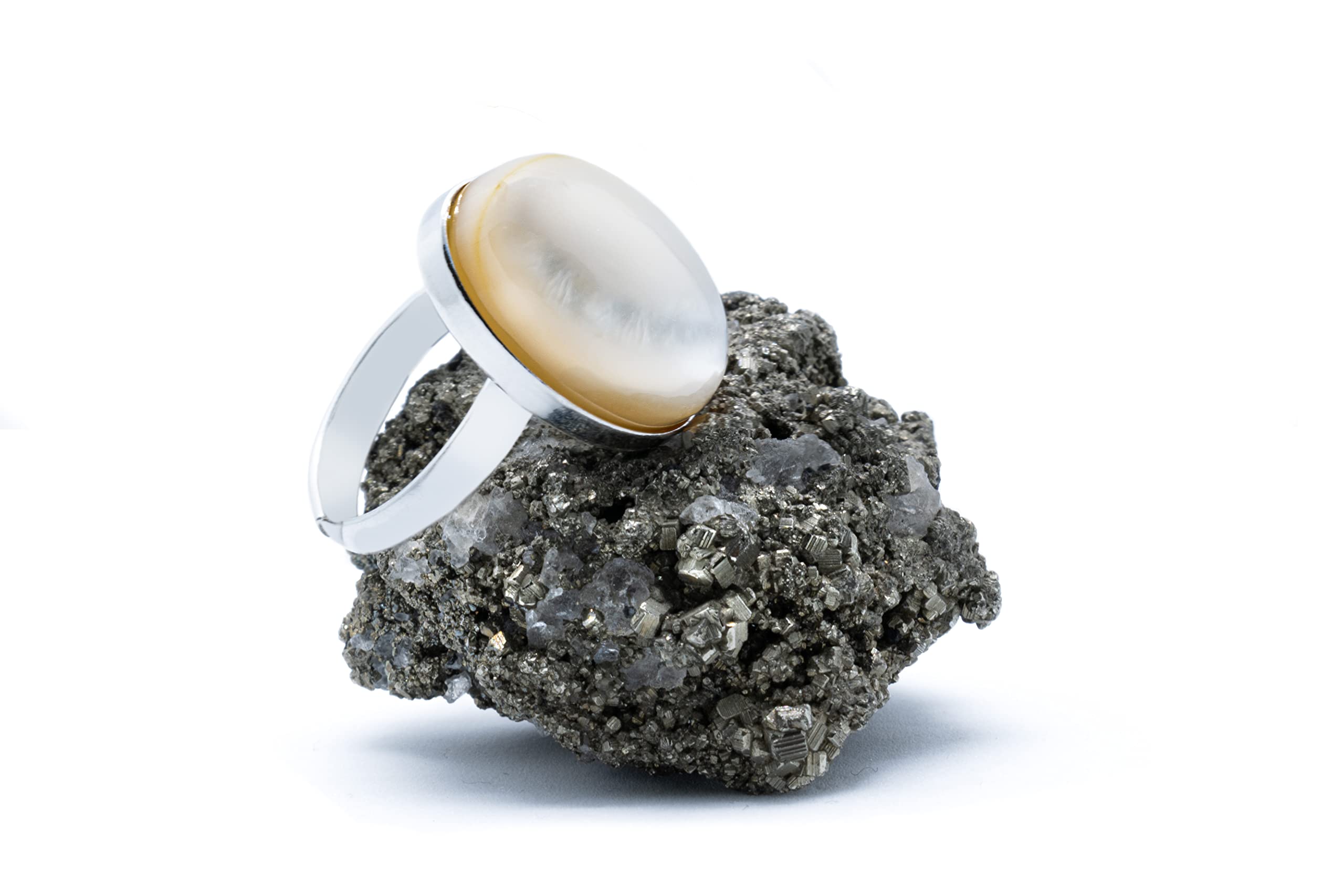Anillo de Plata 925 con Nácar - Madreperla (Piedra Natural) 18x13mm - Disponible Anillo Ajustable y Fijo, Tamaño de XS a XXXL, para Hombre, para Mujer - Caja Regalo Gratis