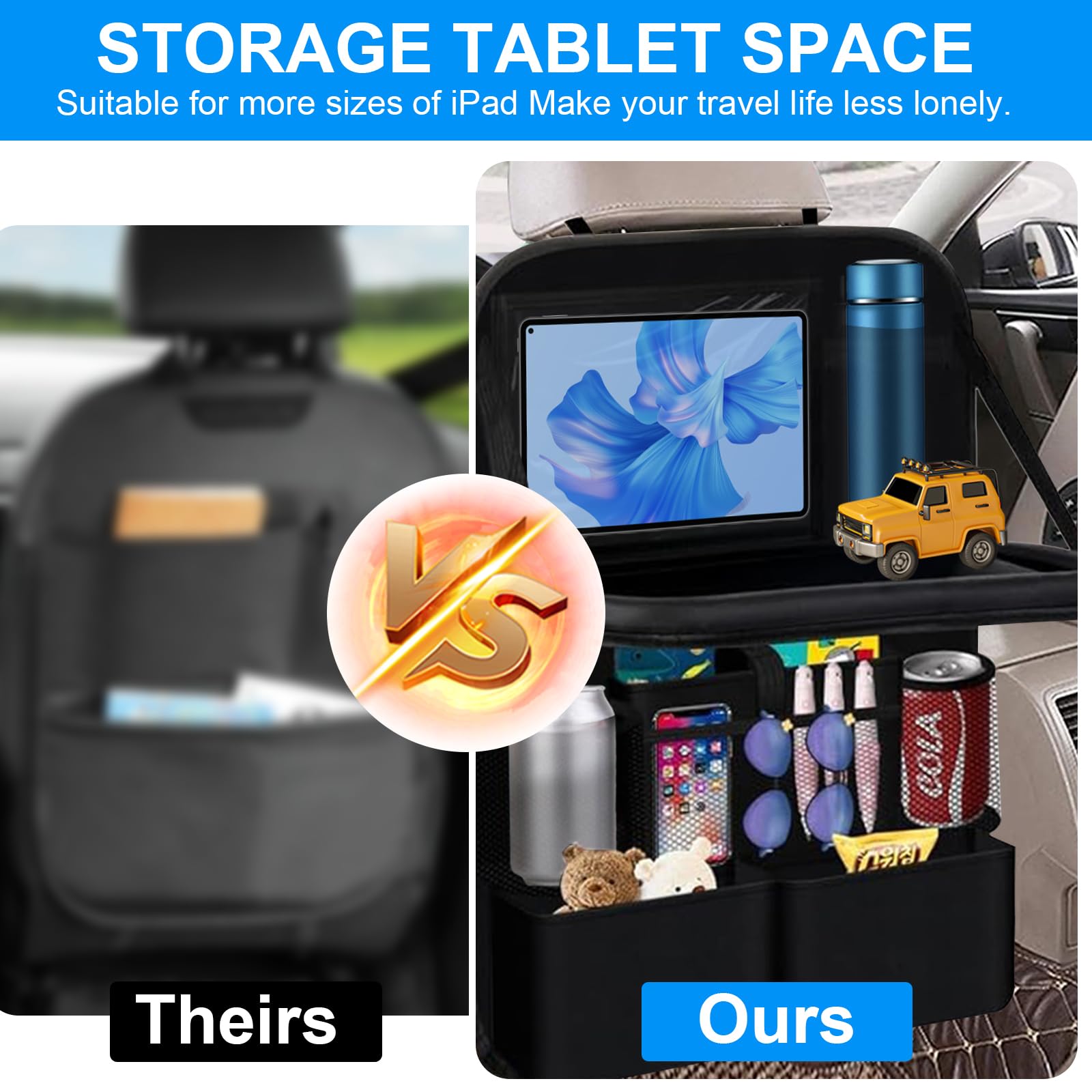2 Pièce Protections Dossier de Siège voiture, Protege Siege Car Enfant, Organisateur voiture Enfant, Imperméabl Rangement avec Plateau de voyage et Poche Transparente, Noir
