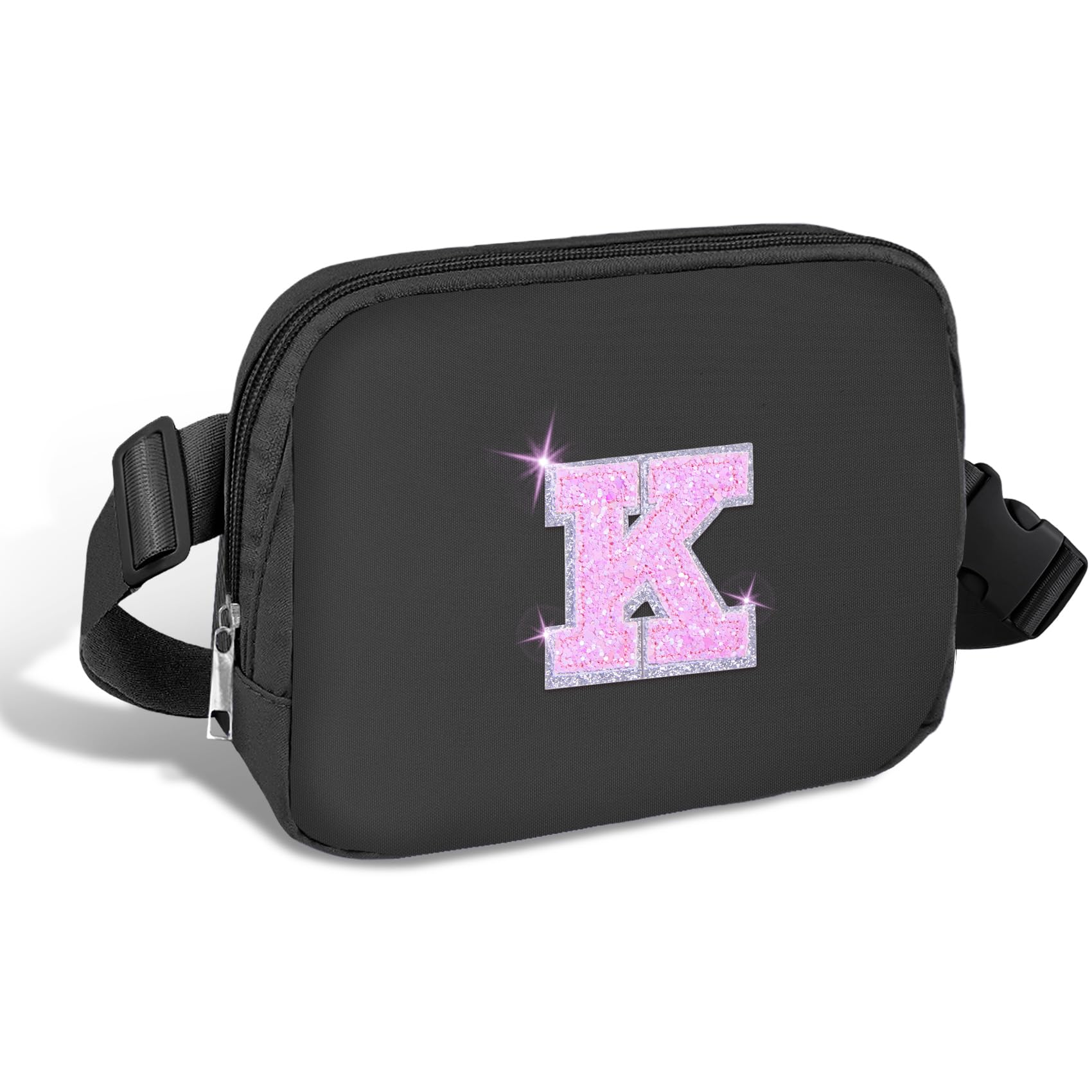 COSHAYSOO Black Belt Bag Small Waist Fanny Pack Crossbody Purse with Initial Letter Patch for Teen Girl, Nylon Cross Body Travel Chest Pouch Aesthetic